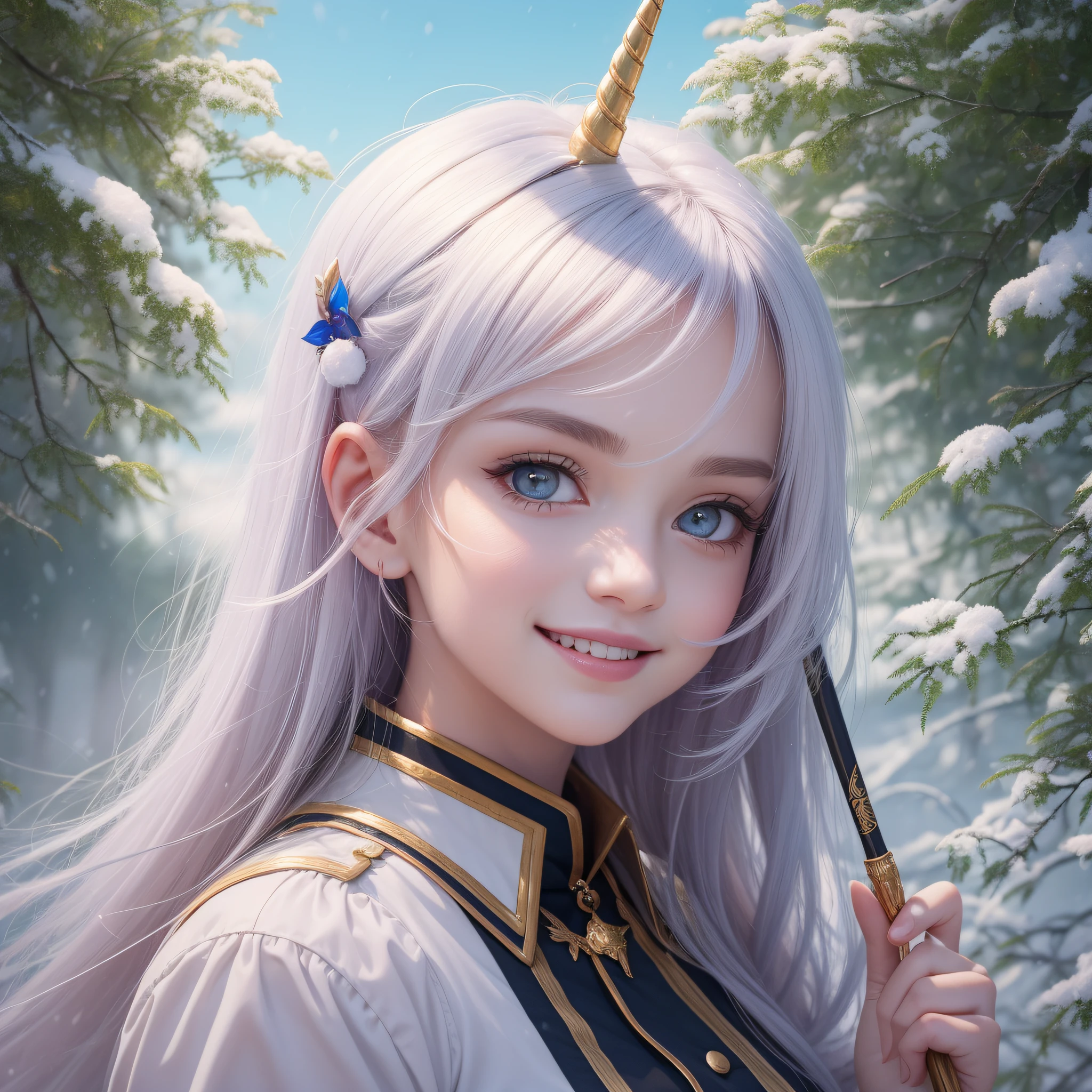 beste-Qualit, ​masterpiece, high-level image quality, 1girl in、Unicorn horns１Boken、snow-white hair、Beautiful fece、Twin-tailed、The photograph, hight resolution, 4K, 8K, Society Sisters、Monastic cap、Monastic uniforms、Hold the wand、Looking at the camera、A smile、great outdoors