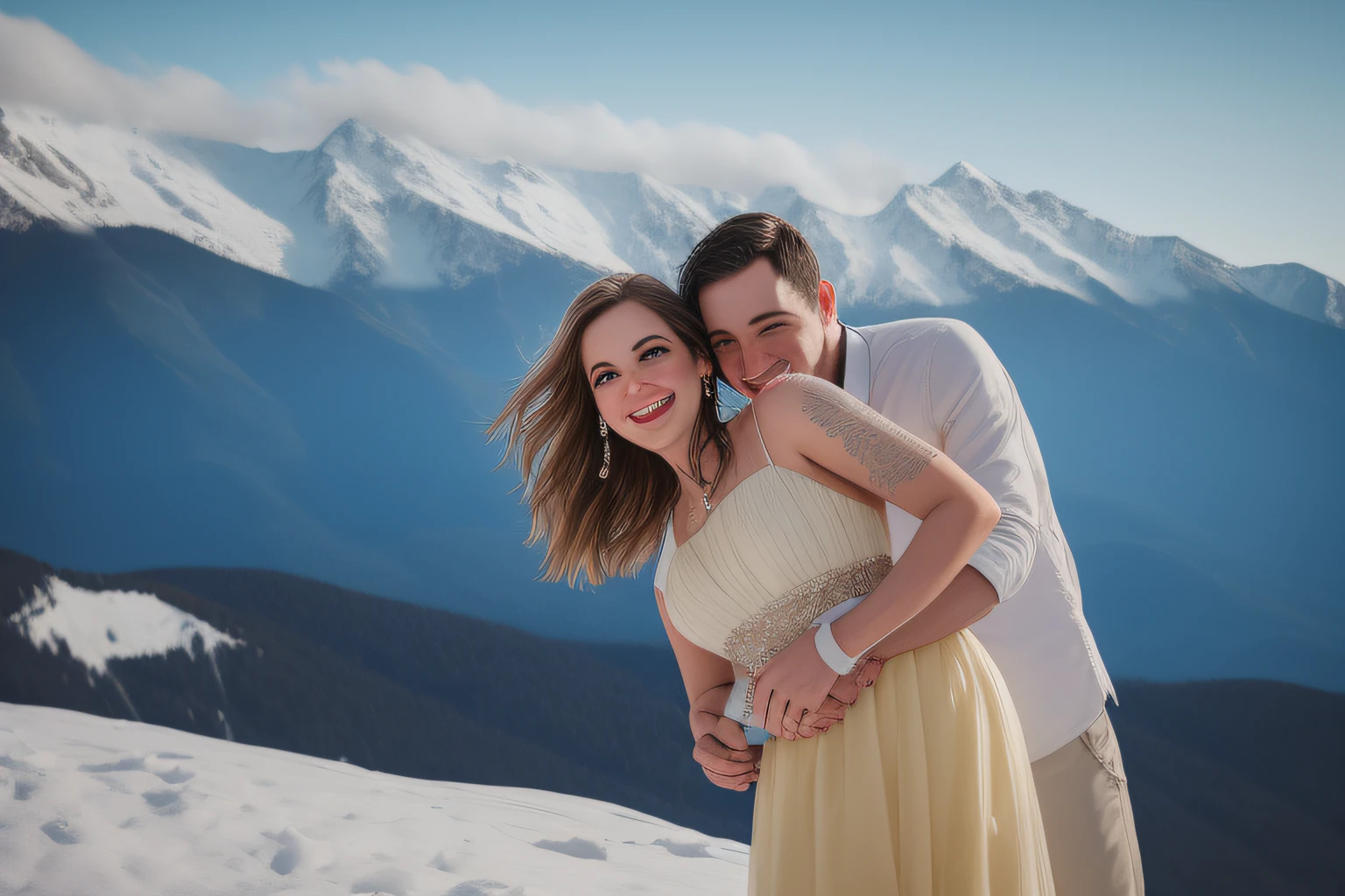 there is a man and woman standing together in the snow, in the mountains, with mountains as background, with mountains as background, in the snow mountains, mountains in the background, lovely couple, with mountains as background, in the mountains, on the mountain, on the mountain, couple portrait, couple portrait, a photo of a, made on Nikon D 7 5 0, stylized photo