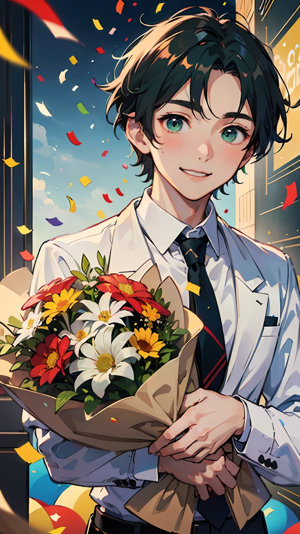 Master masterpiece、best qualtiy、8K、(16 years old male:1.5)、green very short hair,Cute face、Green eyes, blush,Smile,(Confetti:1.3),having a very large bouquet、White shirt and red tie