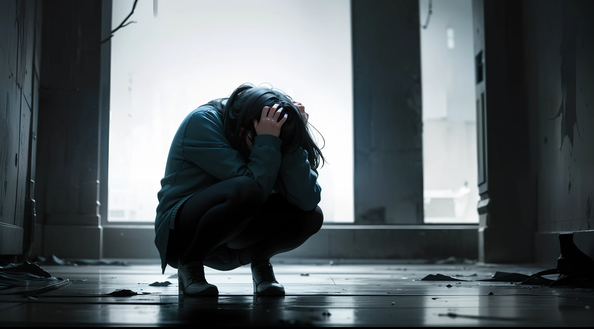 Ground view, an ultra-detailed and realistic depiction of a girl crouching in despair, covering her face in a gloomy room. Many ghosts surrounding her take on the form of haunting shadows, that hint at the torment they are inflicting upon her