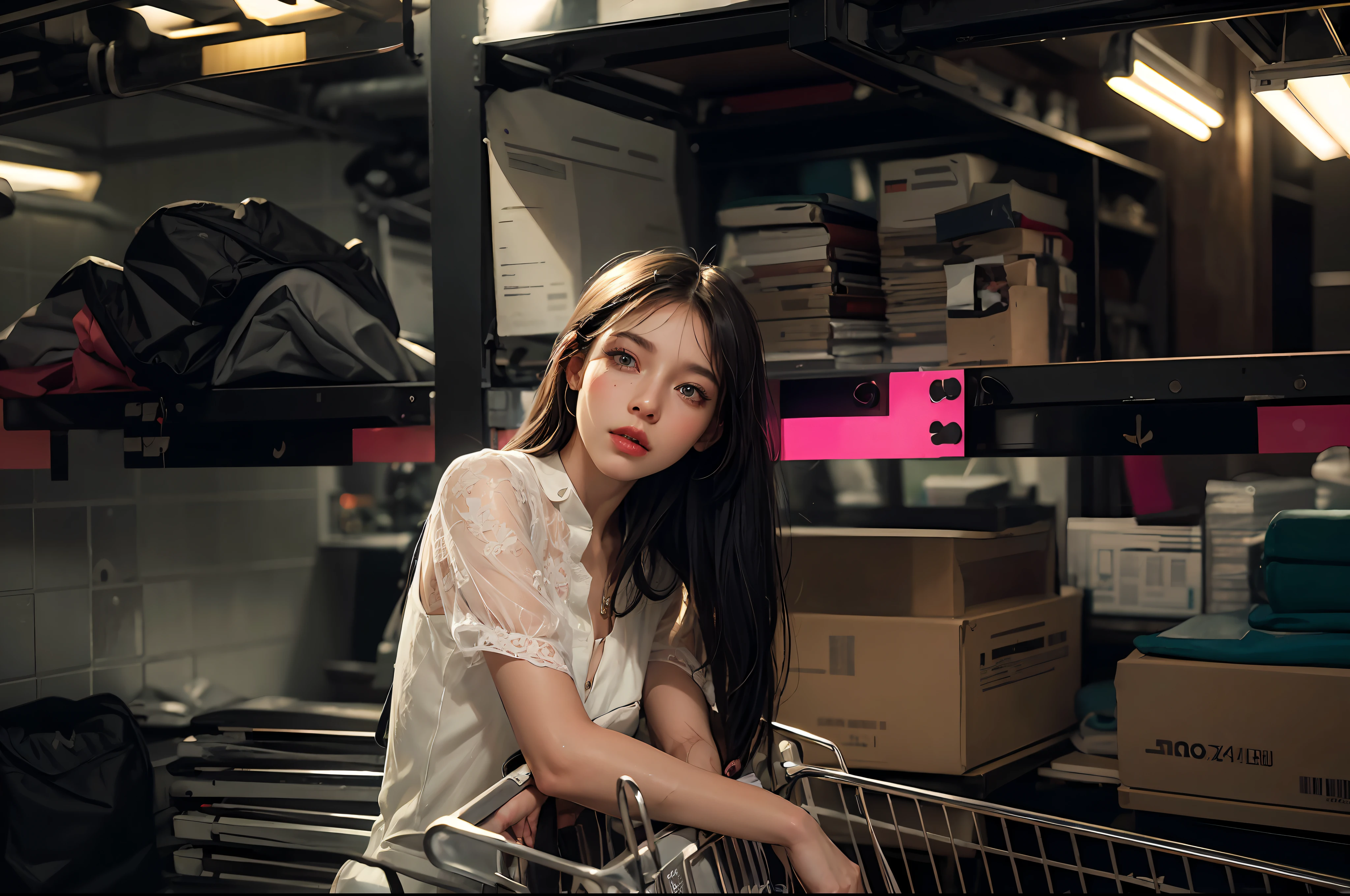 a stunning photograph of beautiful woman,Color film photograph,FilmG,8k,raw photo,(film grain:1),(floating dust particle:1.2),award winning photo,24mm,on focus,spotlight,rim light,in the dark,dimly lit,low key,deep shadow,looking at viewer,(highly detailed skin:1.8),black eyes,petite athletic body,half shave haircut,white dress,pink cardigan,