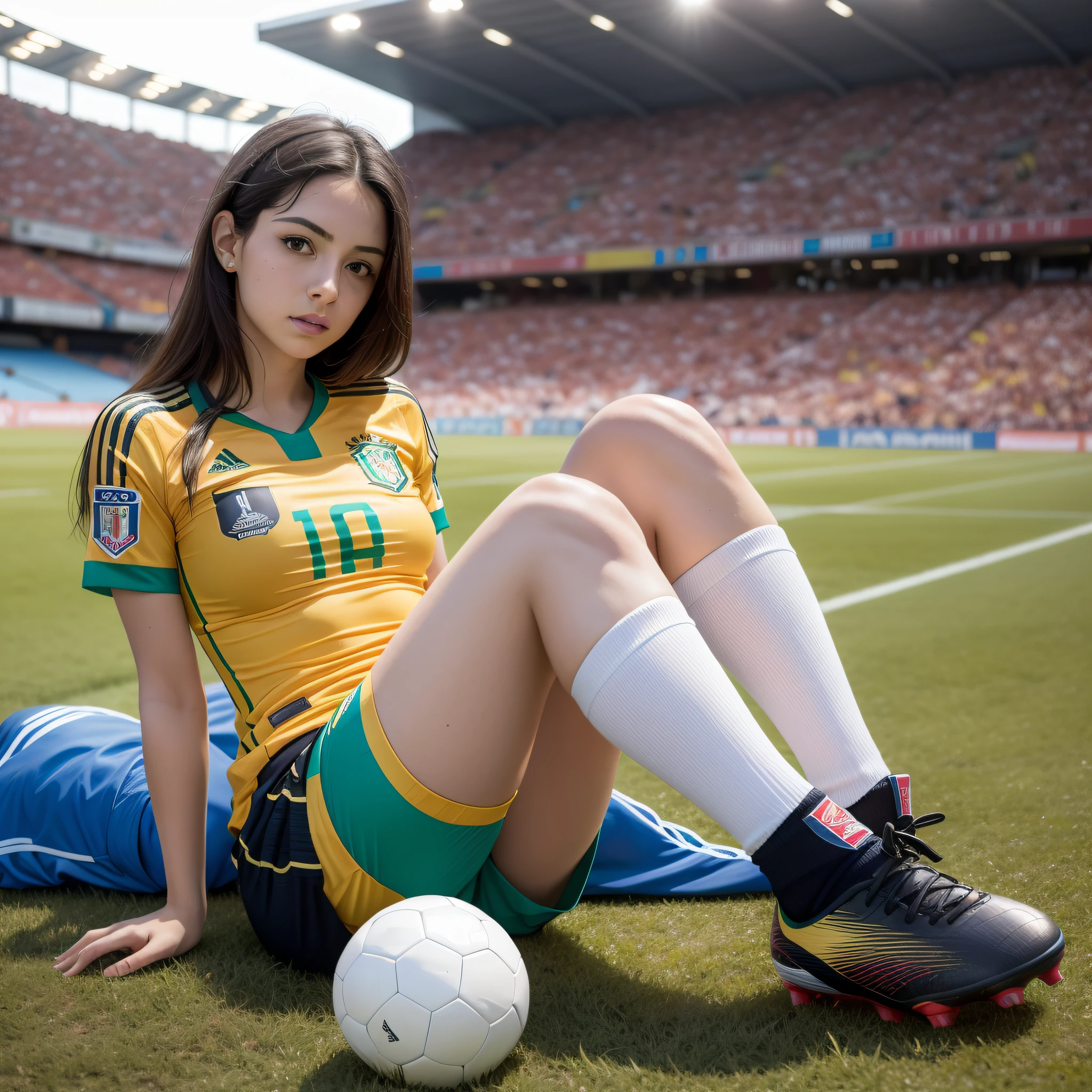 imagem de alta qualidade, Extremamente Detalhada, 1 garota, sozinha, em um capo de futebol, (Resting your foot on the soccer ball):1.3, wearing a shirt of the Brazilian national football team, Background football stadium packed with audience