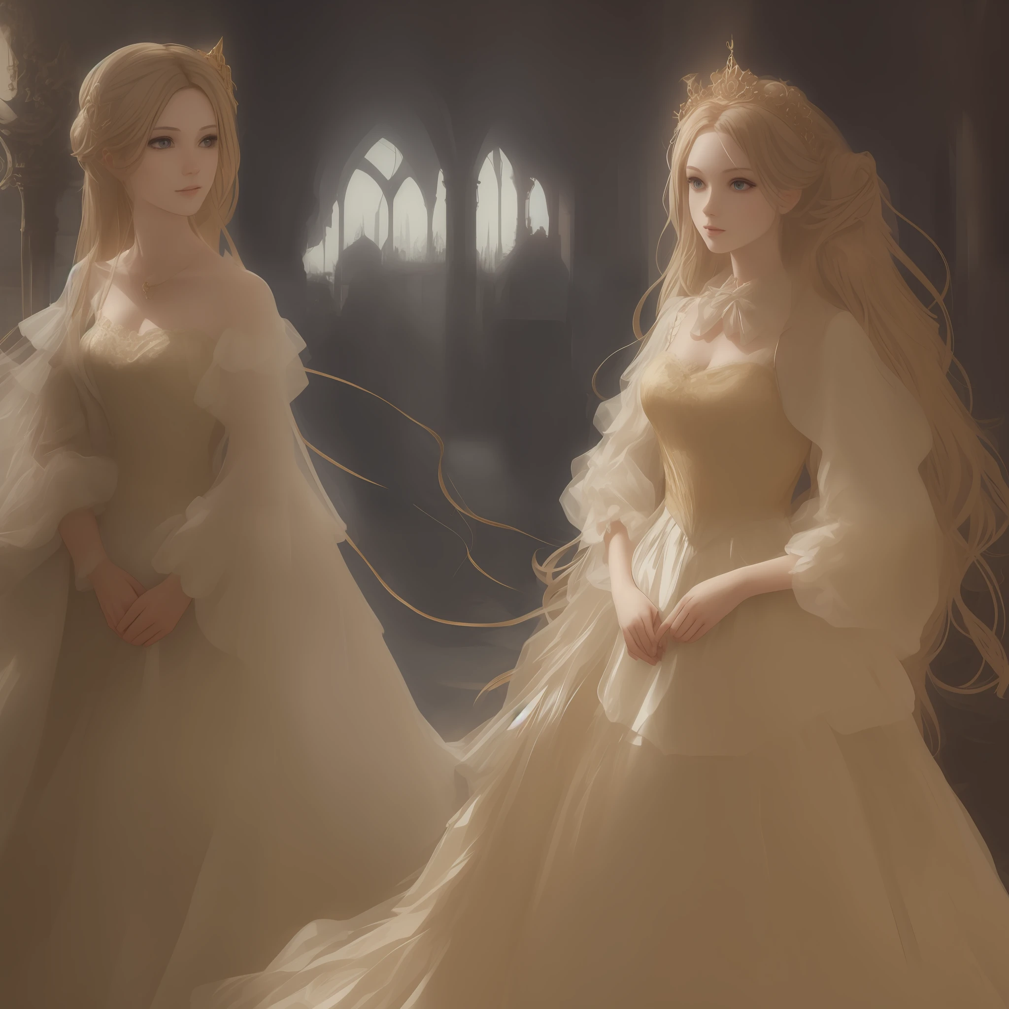 Long hair in a light gold bun、A young woman with blue eyes，The appearance is quite delicate，Wearing a complicated and cumbersome gothic court dress 3D，High rendering --auto