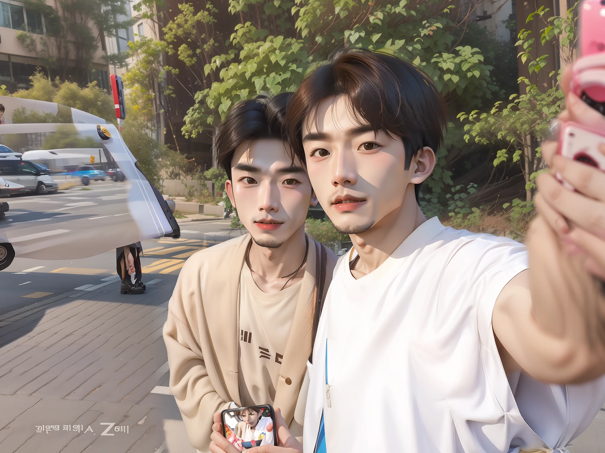 they are taking a selfie of themselves in the street, 8k selfie photograph, Kim Do-young, Shin Jinying, gunwoo kim and j.dickenson, jin shan and ross tran, Male Urzan, zmonzheng, alessio albi and shin jeongho, ulzzangs, Two young men