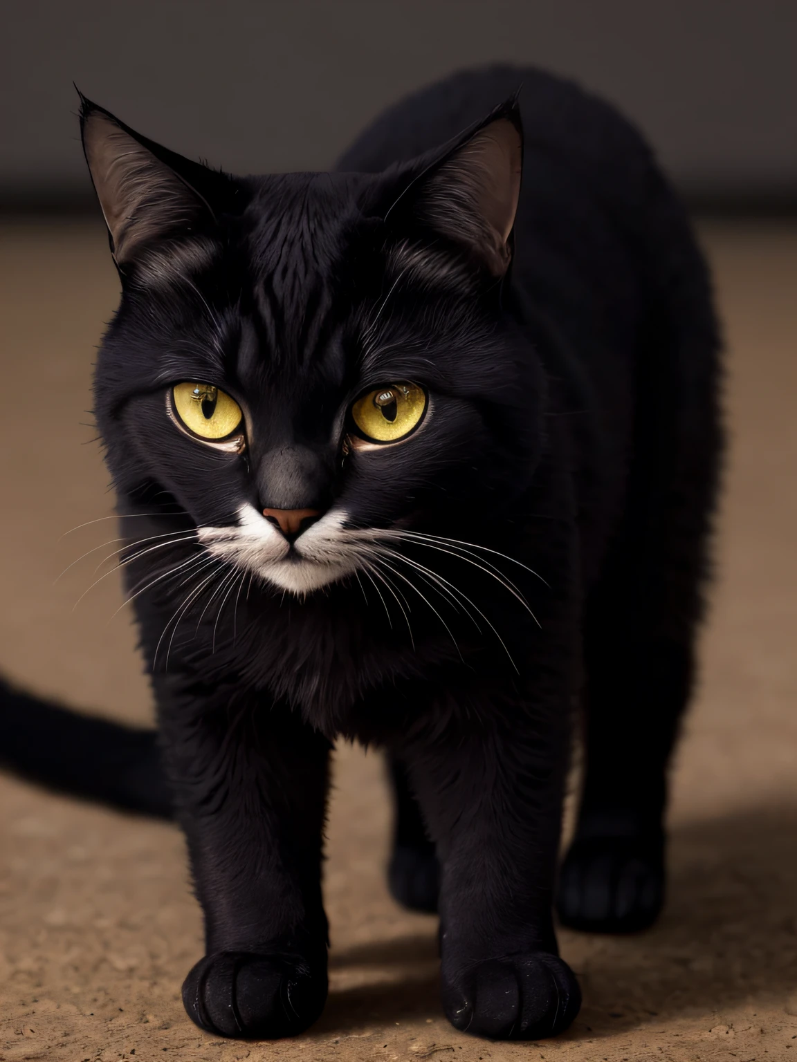 gato pelo preto manch branca no peito , patas com detalhes brancos, olos de fundo amarelo , e olho preto,fundo uma casa mal assombrada