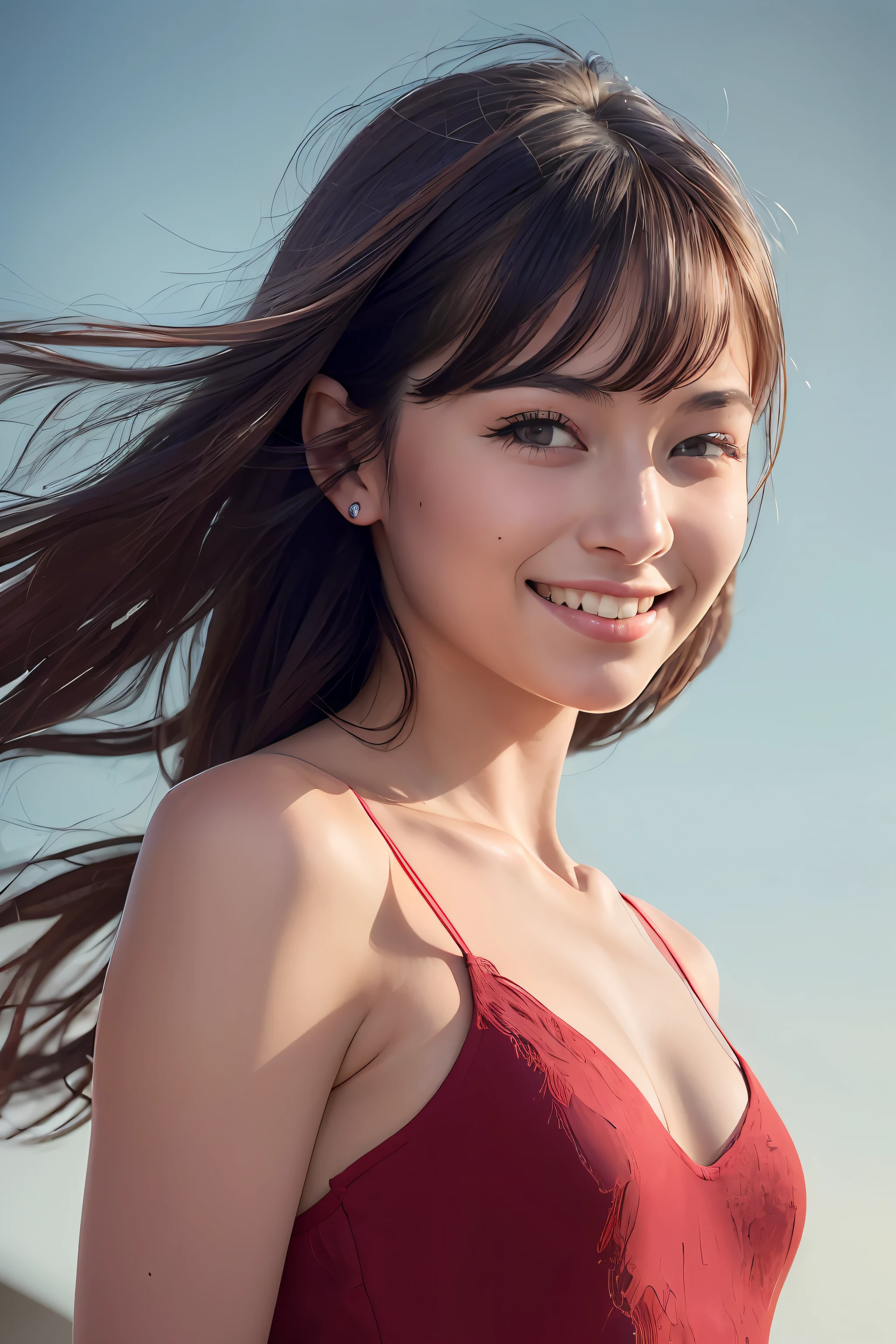 (8K, Best Quality, Masterpiece: 1.2), (Realistic, Photorealistic: 1.37), Super Detail, 1 Girl, Pretty, Solo, (Red Nose), (Smile: 1.15), (Mouth Closed) ) small breasts, beautiful eyes, (long hair: 1.2), floating hair Novafrog style, upper body