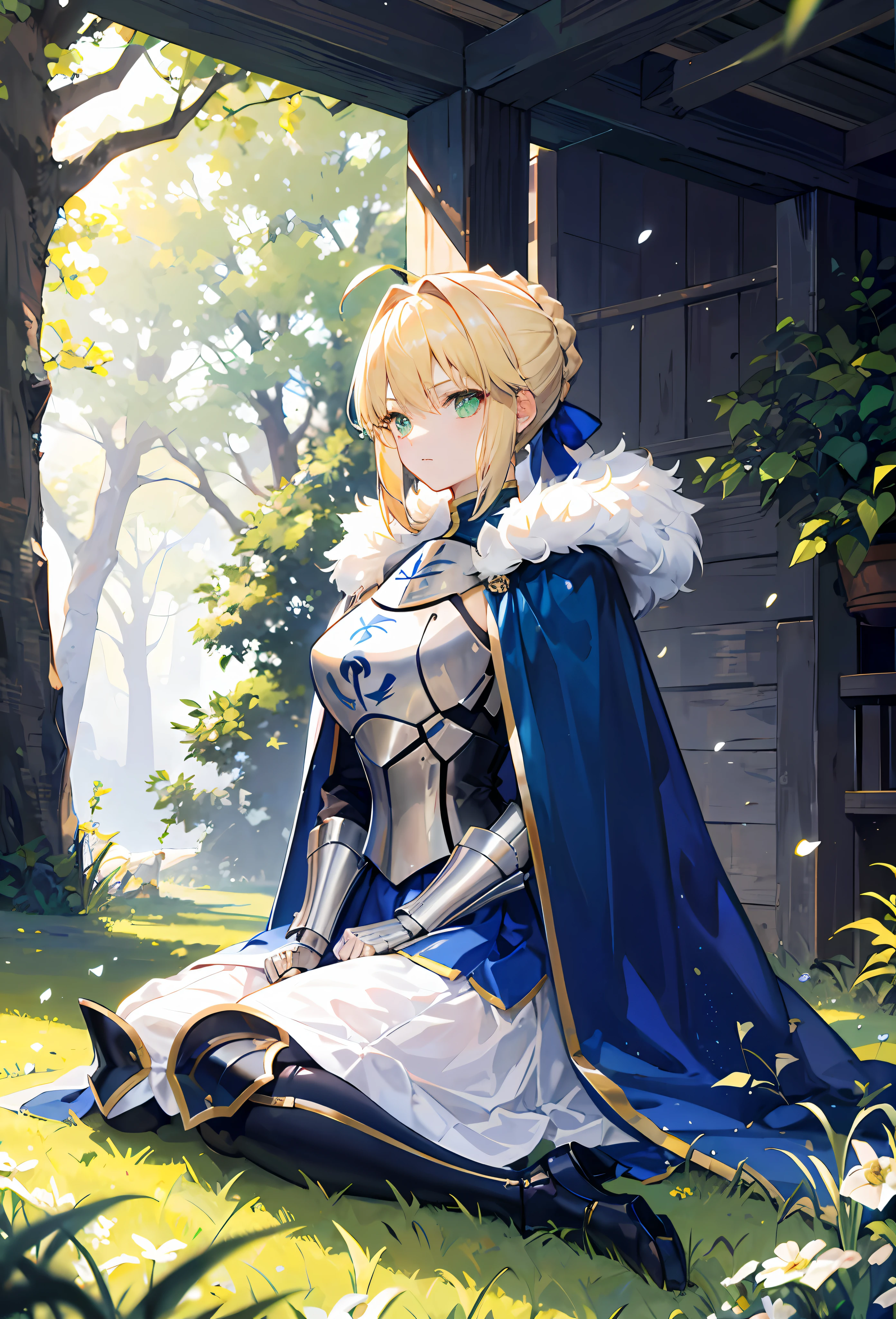 1girll，Artoria，king arthur，saber，King of Britain，FATE series，Knight King，medieval times，Majesty，((Bright blonde hair))，Sit on grass，ln the forest，borgar，Camelot City，Serious expression，Arms hang naturally at your sides，Heavy sterling silver armor，Sterling silver leg armor，Sterling silver armour，Dark blue heavy cape，Fur edges，Huge dark blue round battle skirt，Gold lace，Coiled hair，Poor milk，Green eyes，Solitude，A half body，(超高分辨率)，(Ultra-high sharpness)，tmasterpiece，品质最佳，