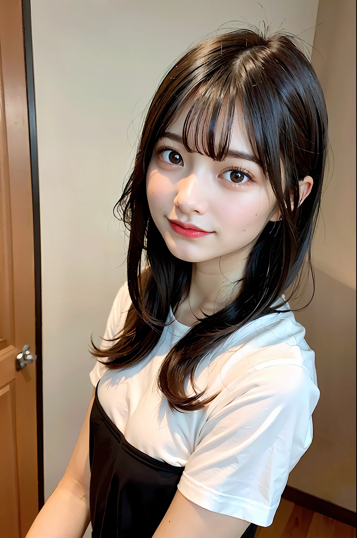 High Quality, High Resolution, (Photorealistic: 1.4), 1 Girl, (Black Hair: 1), (Small Breasts: 1.6), Close-up, Inside the Room, White Short Sleeved Shirt, (T-Shirt: 1.3)