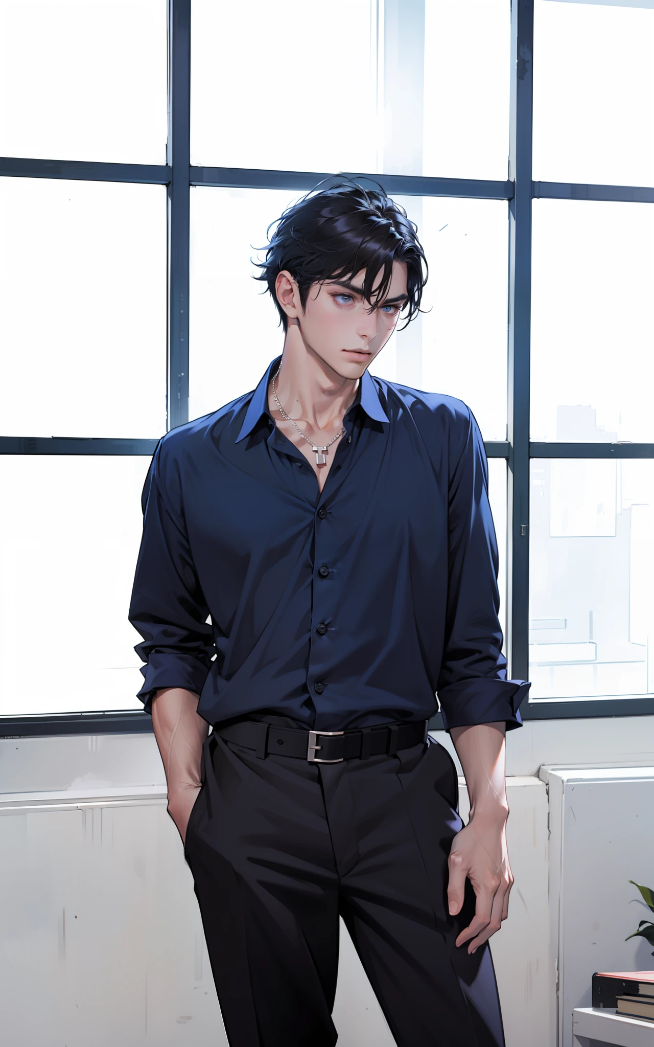 there is a man with a navy blue button up shirt posing, photorealistic perfect body, :: high detail, realistic shaded perfect body, prefect body, beautiful handsome body, handsome stunning realistic, sexy body, smooth translucent white skin, lean body, south korean male, realistic body, handsome anime pose, inspired by Yanjun Cheng, beautiful, prince, demon slayer art, silver necklace