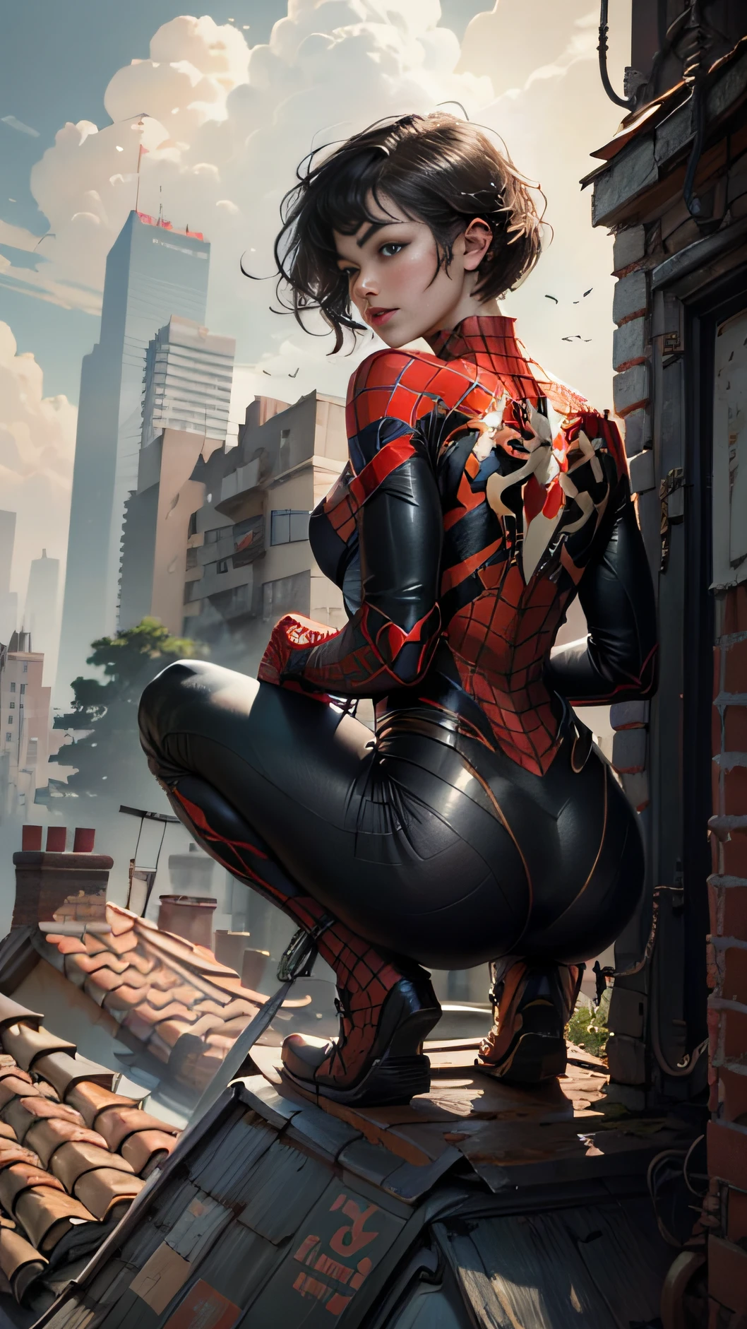 tmasterpiece,4K,ultra detali,Beutiful women,spiderman uniform,ssmile,Exquisite facial features,bob-cut hair,Squat on the roof of a tall building,Back