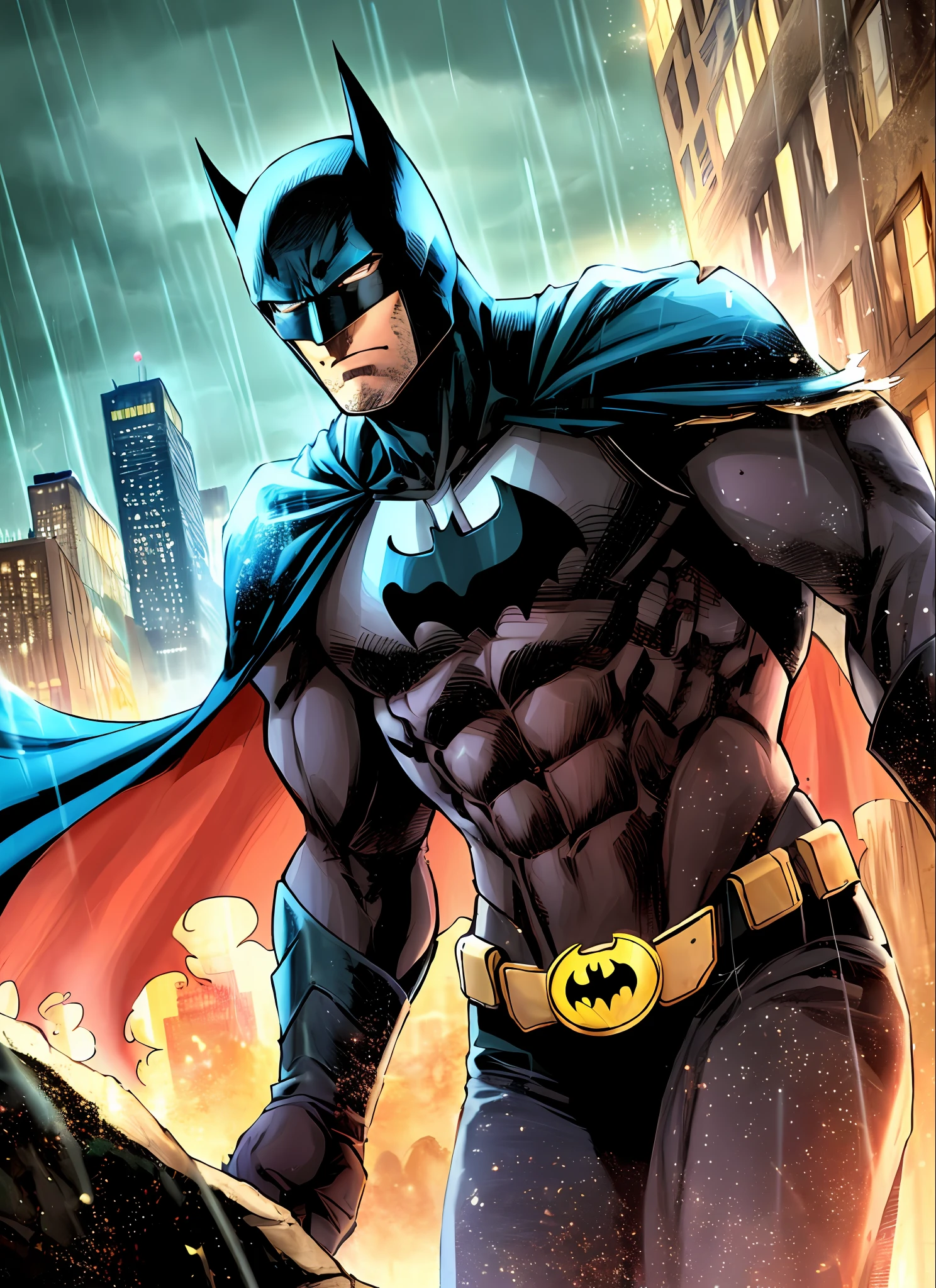 1boy, dark scene, cowboy shot of batman, athletic, white eyes, no pupils, night city, mist, particles, male focus, mask, muscular, muscular male, ragged and torn cape, night, outdoors, rain, serious, dark armosphere, detailed background, jim lee,