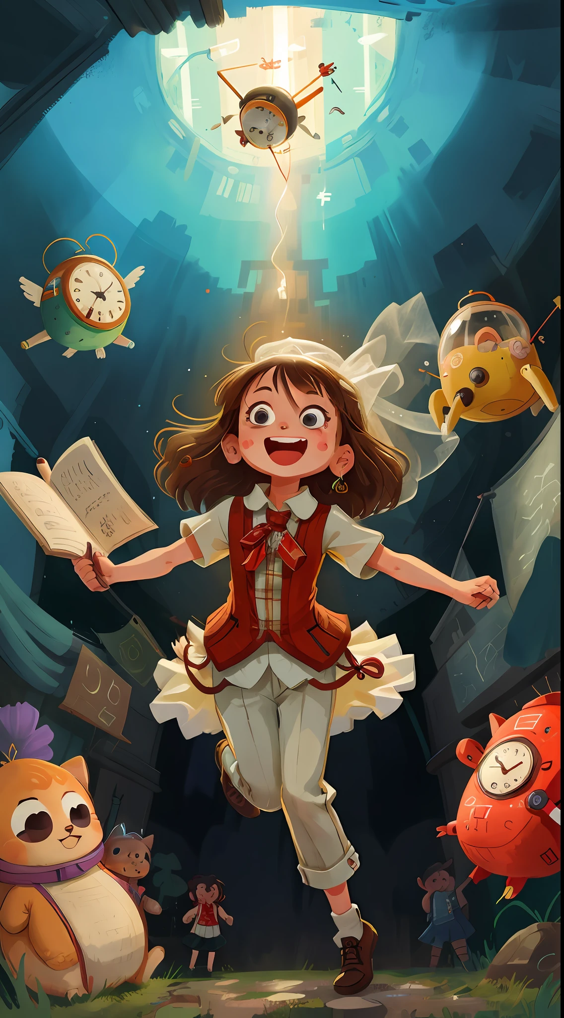 1 long-haired girl wearing a white wedding dress, with a veil, plaid trousers, happy and surprised expression, flying through the time and space tunnel, there are many clocks around, twisted clocks, large and small clocks, science fiction