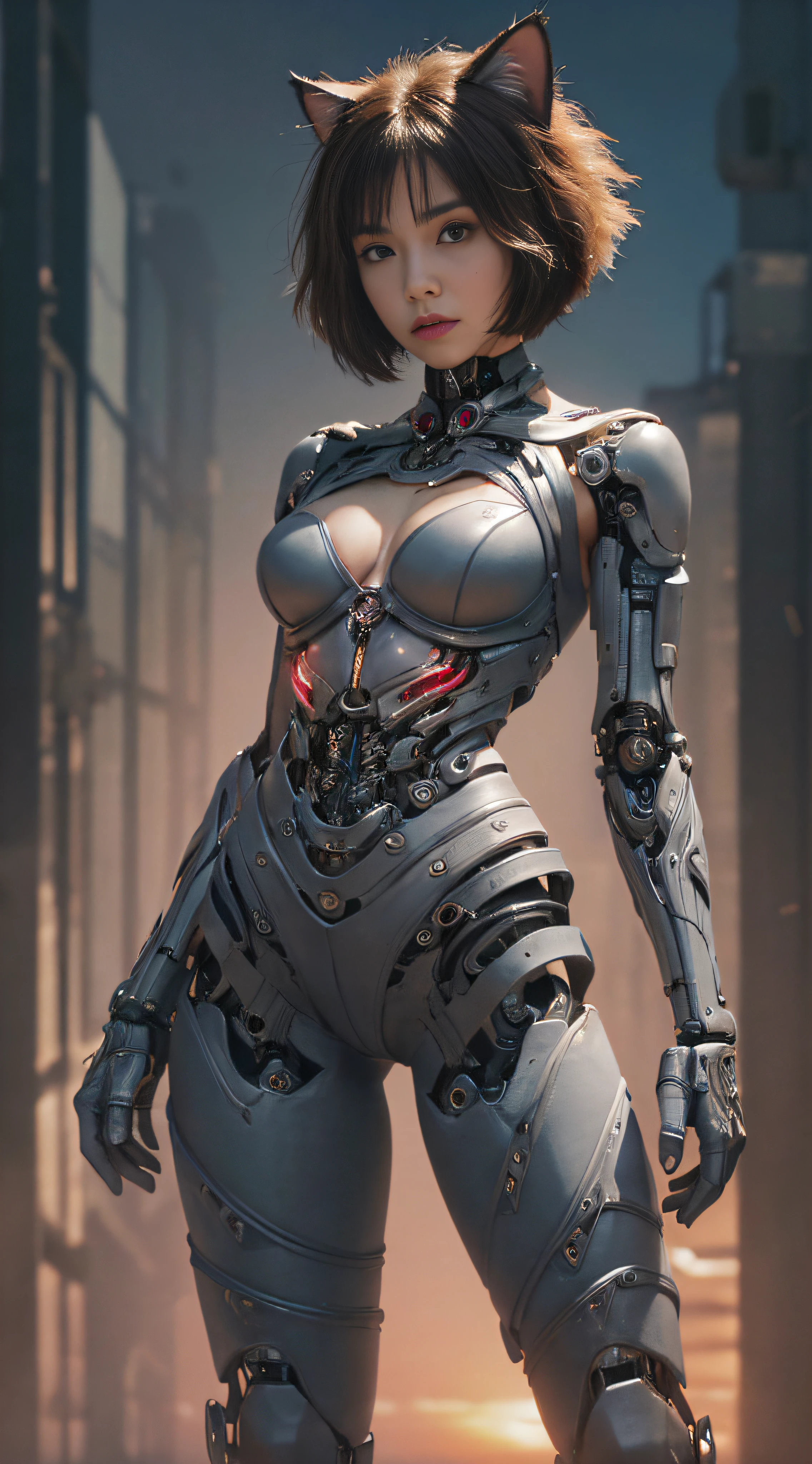 A realistic cinematic shallow focus scene of a cute young biomechanical cyborg kitten female, her full body standing with a fluid movement in a simple barren place with stunning cloudscape and a sunset.

(wearing futuristic clothing (tangerine:0.3) cropped jacket and low cut jeans on top:1) of her (intricately detailed anatomical sculpted biomechanical graphite cyborg arms, intricately detailed anatomical sculpted biomechanical graphite cyborg torso, intricately detailed anatomical sculpted biomechanical graphite cyborg legs), (intricately detailed anatomical sculpted biomechanical graphite cyborg kitten ears).

(Anatomically sculpted biomechanical graphite cyborg、Embroidered with elegant and ornate details (ruby gems:1.5), cables, wires and crimson microchips masterful crafted into her female cyborg body)

Slender hot fit body with a gorgeous young round face, expressive big round eyes, lovely full lips, cute small round nose, ([Dark:Red:0.55] short medium bob cut messy hair:1.7), (Kitten ears), (empty hands).

Captured with bright natural light and beautiful vibrant colors. 8k resolution image with a masterful cyberpunk style.

The scene has a strong heroic unconquerable mood, a masterful complete scene of the female full body standing with a happy expression.