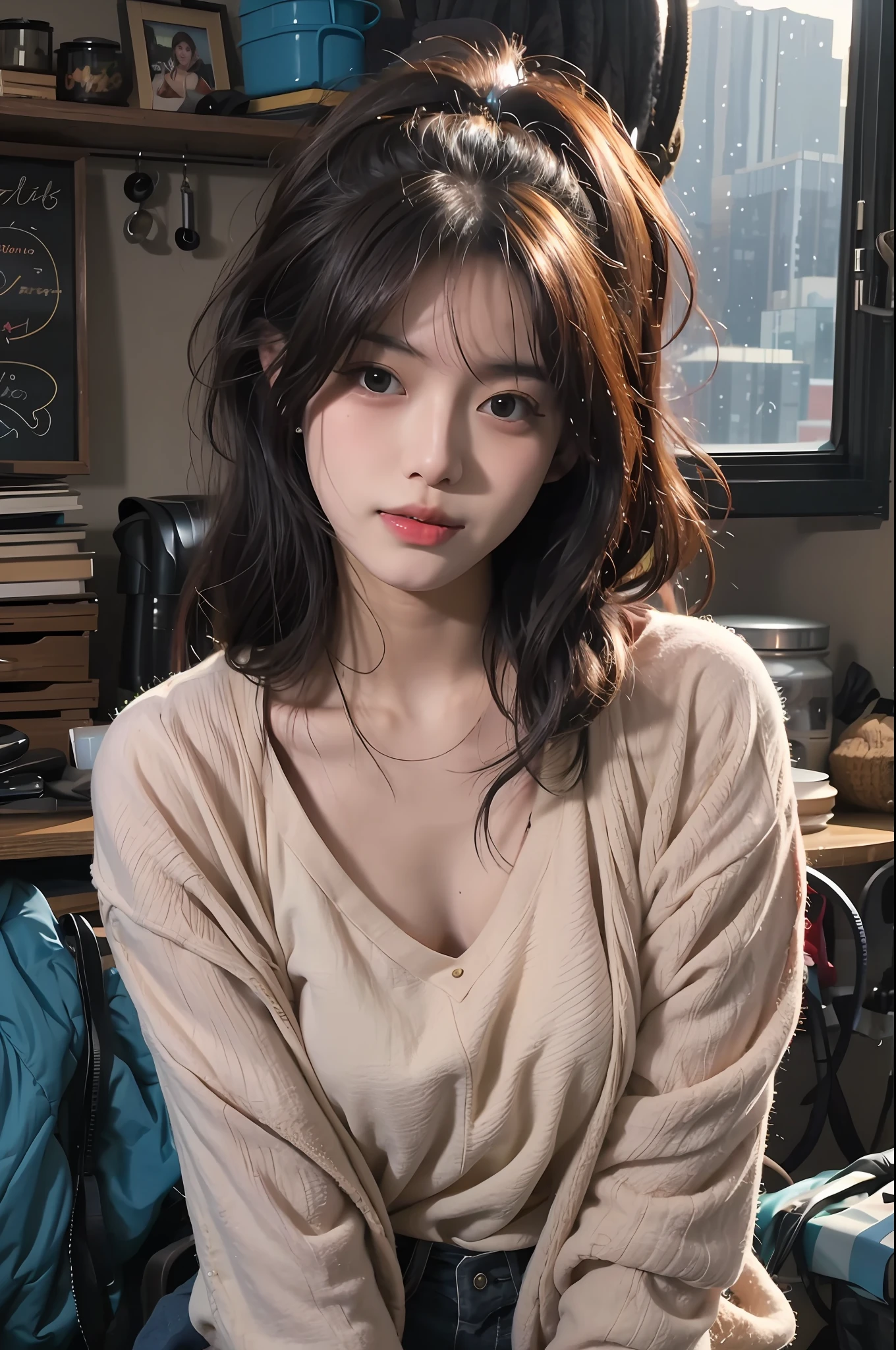 a close up of a woman sitting on a bed with a laptop, Korean girl, beautiful Korean women, Beautiful young Korean woman, Gorgeous young Korean woman, ulzzangs, girl cute-fine face, Beautiful Asian Girls, Messy shoulder-length black hair, young lovely Korean faces, author:Zhang Han, Korean woman, korean women's fashion model