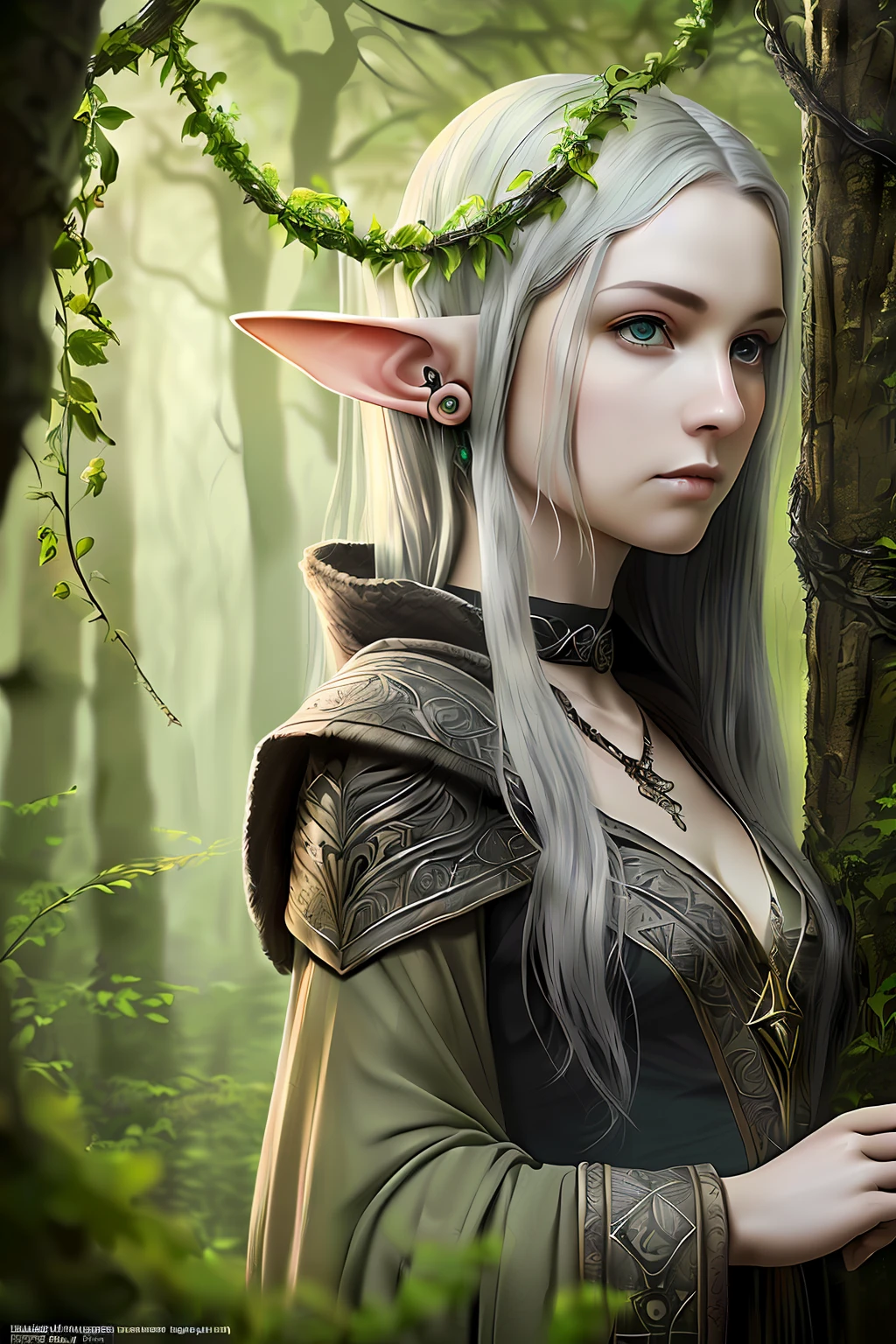 masterpiece, best quality, (realistic:1.3), **Highly detailed fantasy photography an elf lord in a lord of the rings setting, close face yet astonishing view in the back with gothic buildings and nature, pointed ears, staring intensely into camera, in a forest, in the style of made of vines, tom bagshaw, light grey and green, Photorealistic