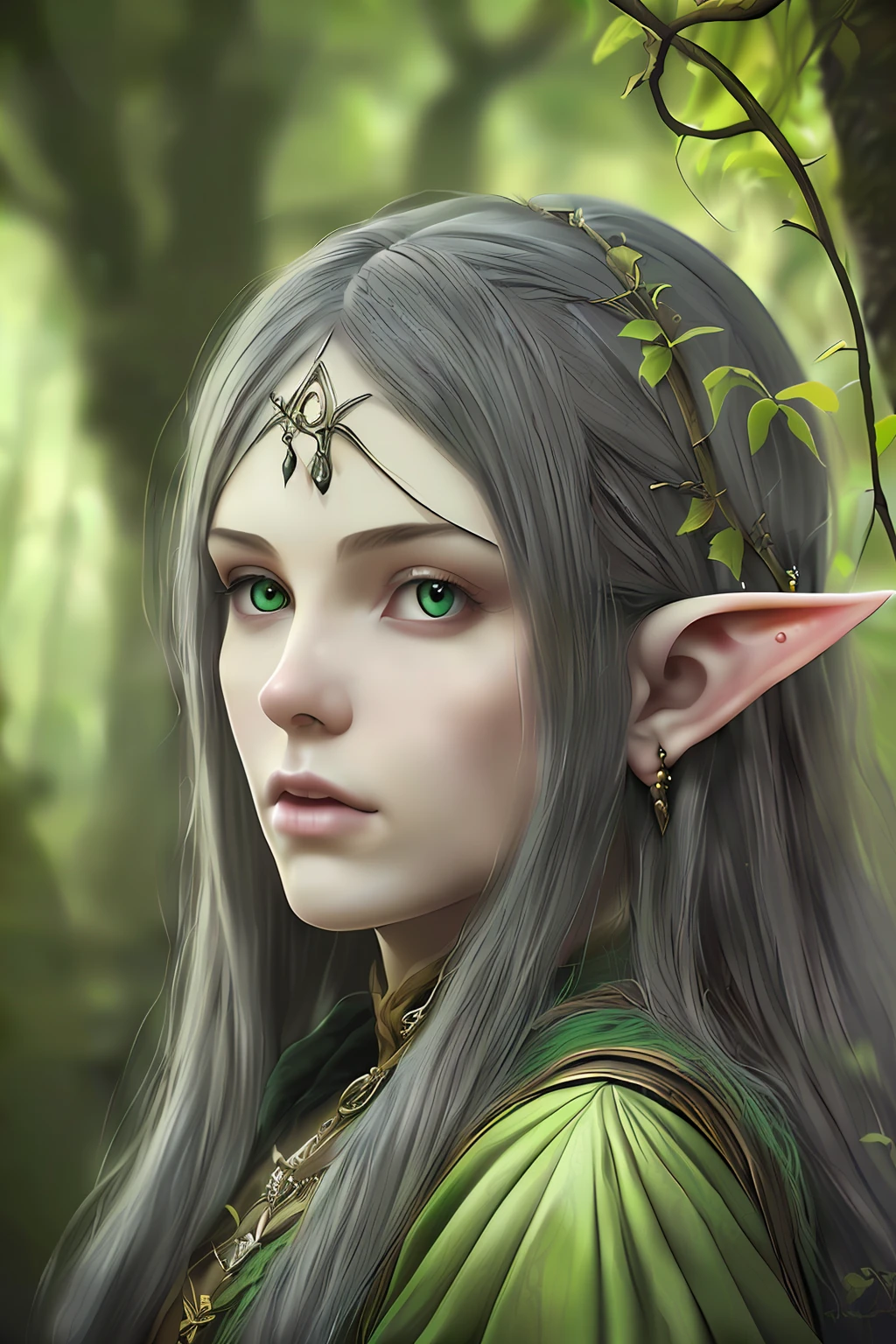 masterpiece, best quality, (realistic:1.3), **Highly detailed fantasy photography an elf lord in a lord of the rings setting, close face yet astonishing view in the back with gothic buildings and nature, pointed ears, staring intensely into camera, in a forest, in the style of made of vines, tom bagshaw, light grey and green, Photorealistic