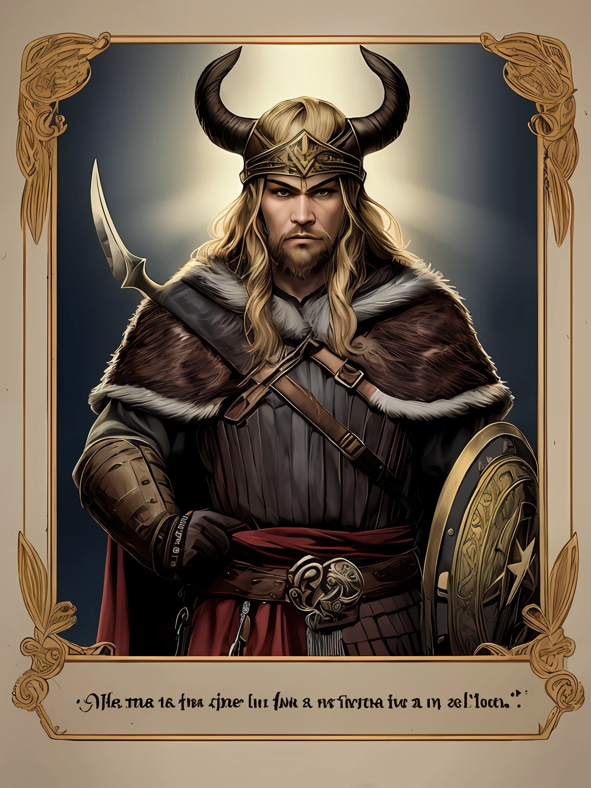 Crie uma imagem de uma carta escrita por um novo rei guerreiro Viking, com um selo real. A carta deve ser escrita em um pergaminho envelhecido, com tintas escuras e uma caligrafia elaborada. O selo real deve estar marcado na parte superior da carta, with the symbols and coat of arms of the Viking clan. A carta pode ser mostrada em um close-up, com uma pena de escrita e um pote de tinta situados ao lado dela. A cena pode ser iluminada com uma luz suave, destacando os detalhes do pergaminho e do selo. The image must be created with a UHD resolution, permitindo que os espectadores apreciem os detalhes mais finos da cena. The intention is to create an image that conveys the importance and authority of the new Viking king, emphasizing the seriousness of the message he is sending. The image can be used in a movie scene or in an illustration in a book.