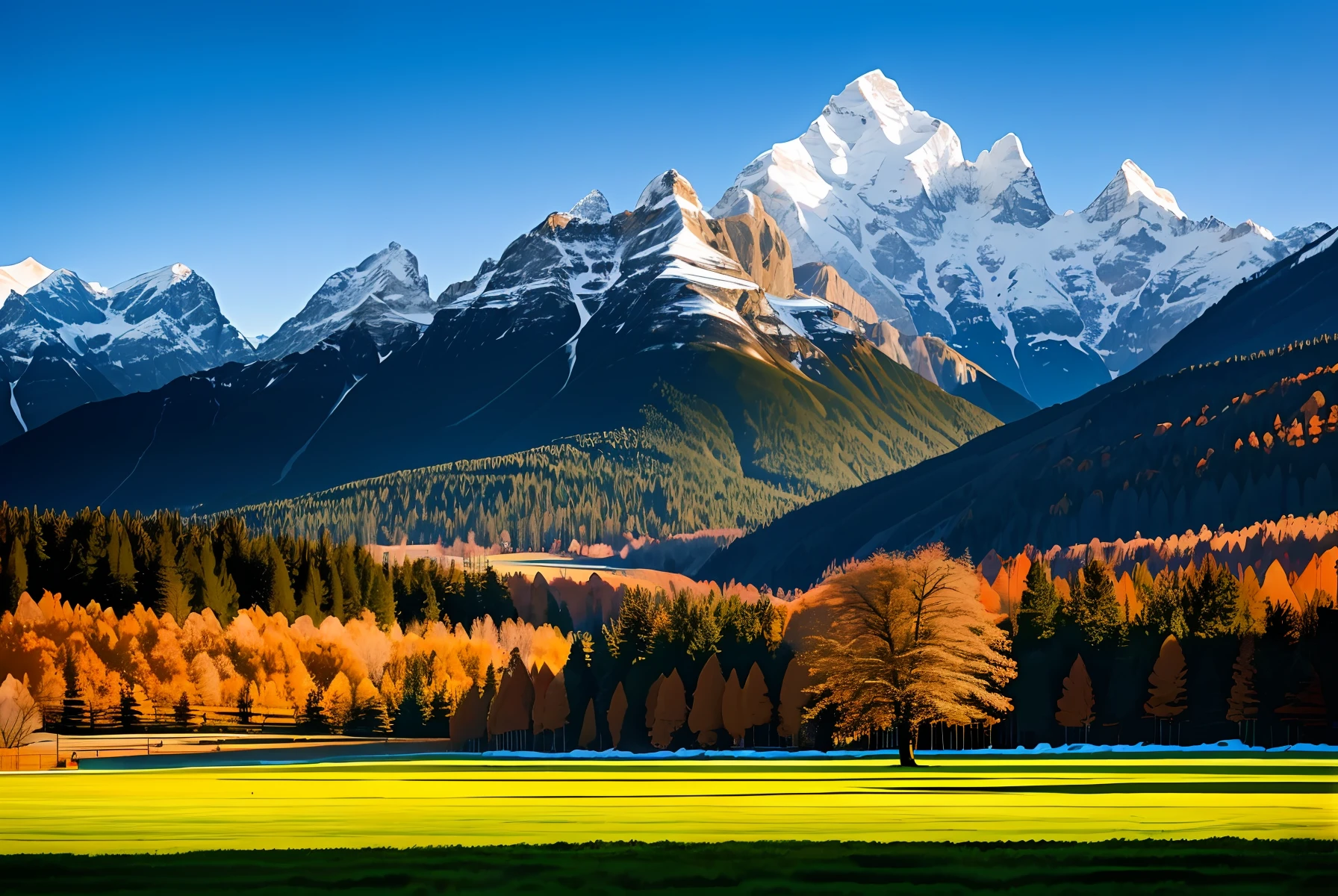 Towering snow-capped mountains,grass field,casa