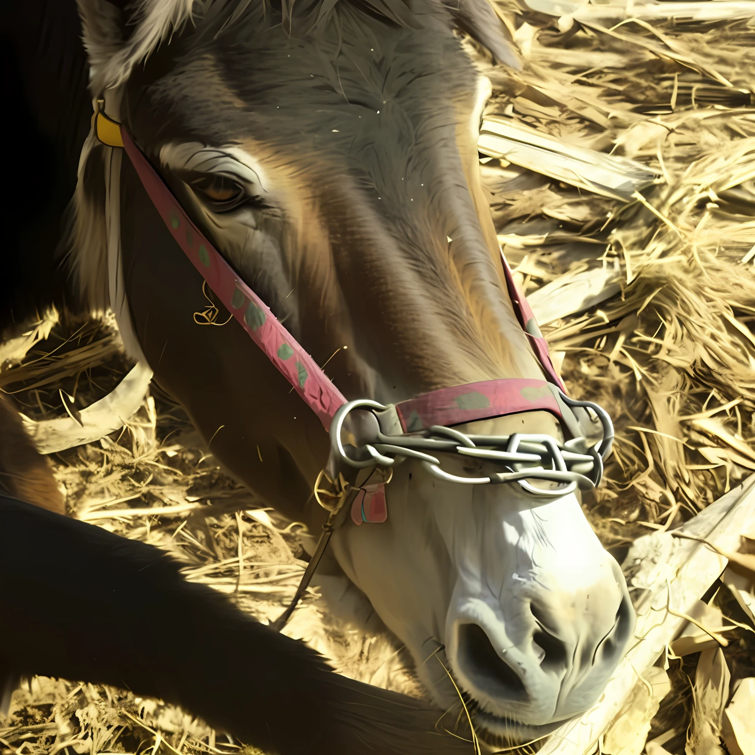 there is a donkey that is tied to a pole in the hay, donkey, with small nose, Very handsome, profile shot, up-close, closeup cleavage!!, Straight nose!!!!!,style of anime