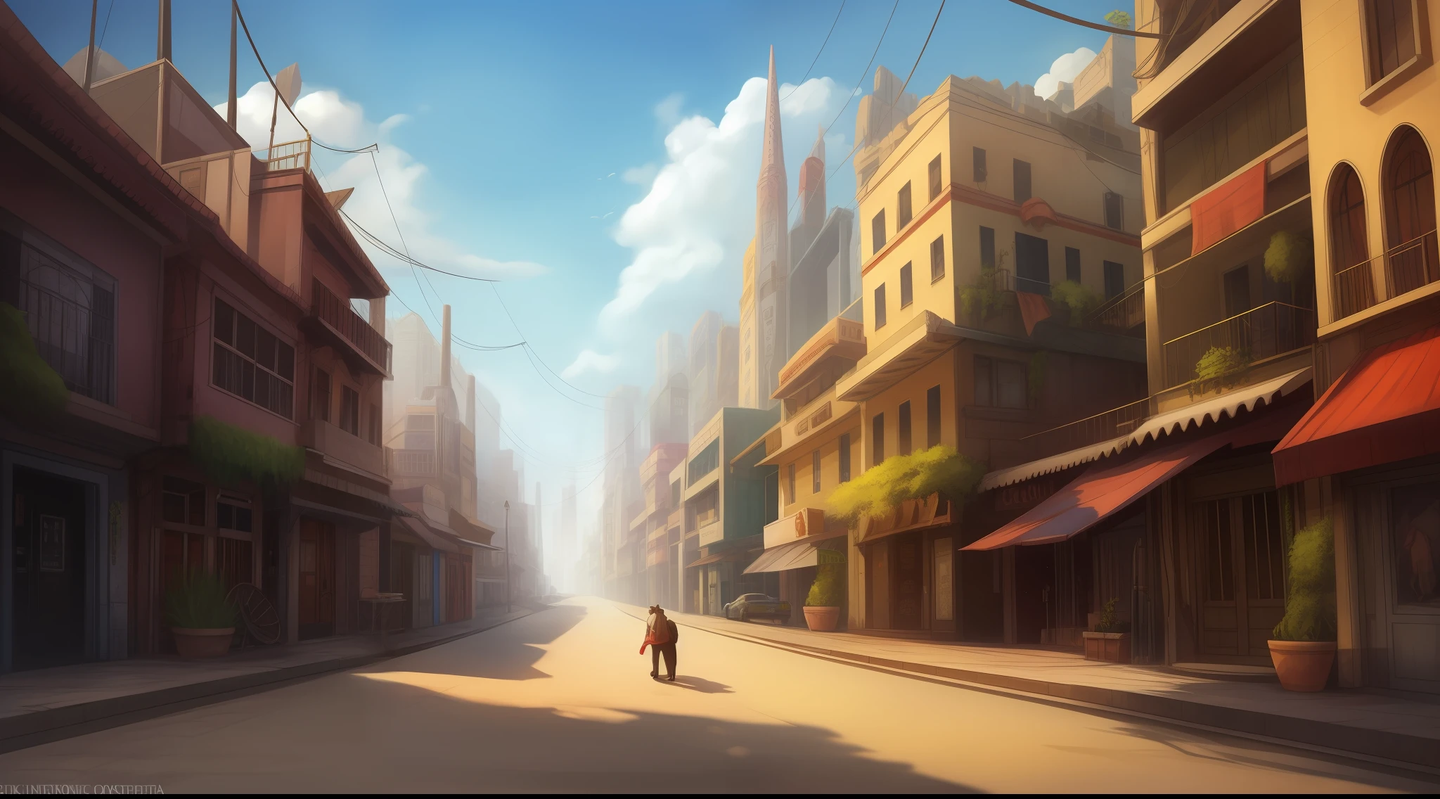((best quality)), what does a lost city look like for a dog? (Pekingese dog), A dog lost in an urban world, with tedious landscape and monotonous colors, where the sky is gloomy and heavy, The streets are empty and there is little natural light. Com um sentimento constante de perda e desespero, a cidade imponente o amedronta.
