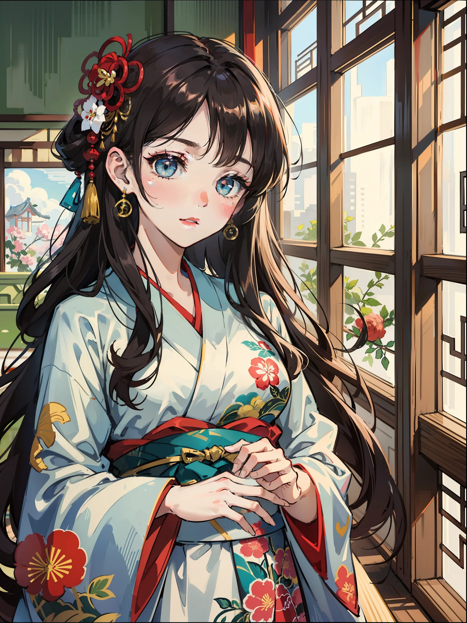 Master Pieces,hyper quality, Hyper Detailed,Perfect drawing,独奏、Beauty in the world、Komono、Japanese dress、Black-haired、Japanese hair、Colorful Japan kimono、Nishijin Ori、Delicate and smart eyes、Half-open lips、sidelong glance、Graceful、Gorgeous、Beautiful、red blush(0.2)、Dazzling、Stunning、Gorgeous、Gentle、Shunguang、natural soft light、Flowers and Birds Fugetsu、traditional Japanese room、Accurate drawing、Detailed drawing