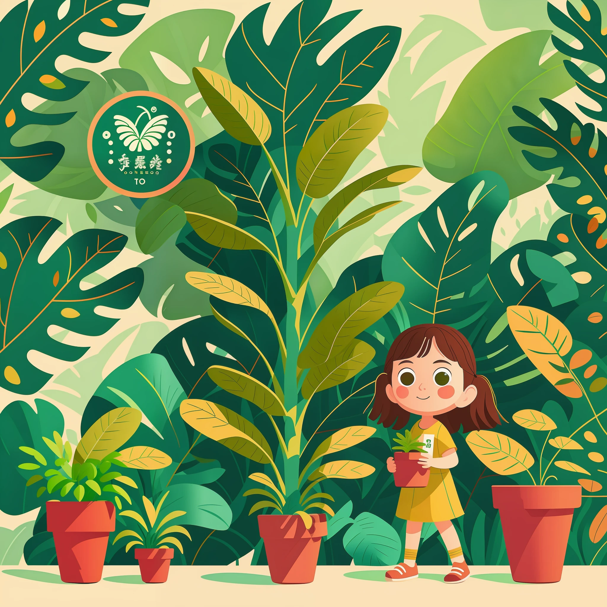 Long-haired girl，plant，potted，Monstera，O logo，vector，Line art，designs，Inspiration，straight line，对称