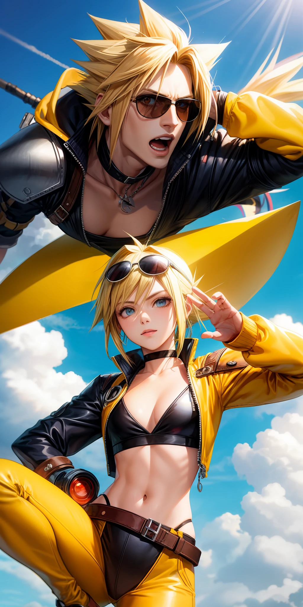 Realista, Personagem parecido com o Cloud Strife, wearing a yellow round sunglasses, com trajes elegantes dourados, symmetrical and beautiful face.