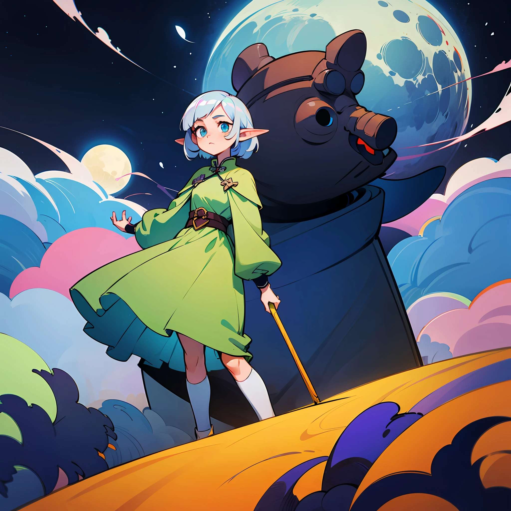 The silver-haired elf girl stood coyly on the moon，It looks very cute and attractive。 --auto