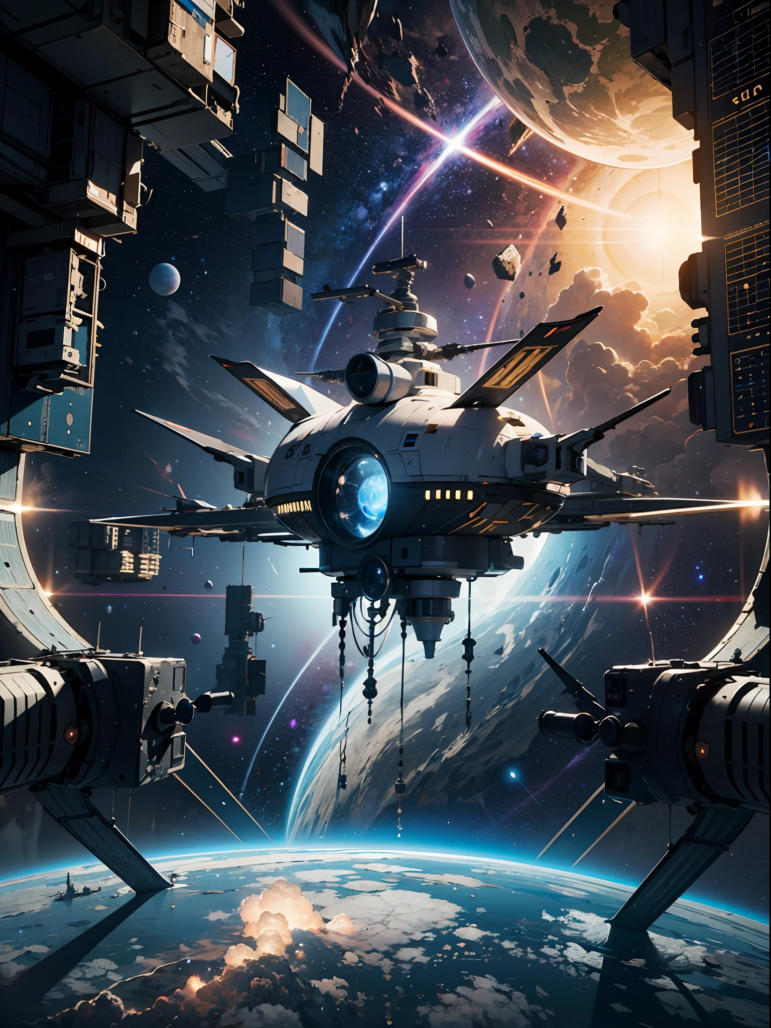 Masterpiece level，Extreme picture quality，Unreal Engine5，HighDynamicRange，NVIDIA RTX，A magnificent cosmic scene，A spaceship that descends beyond Earth，radiating with light，Stirring。A space station。