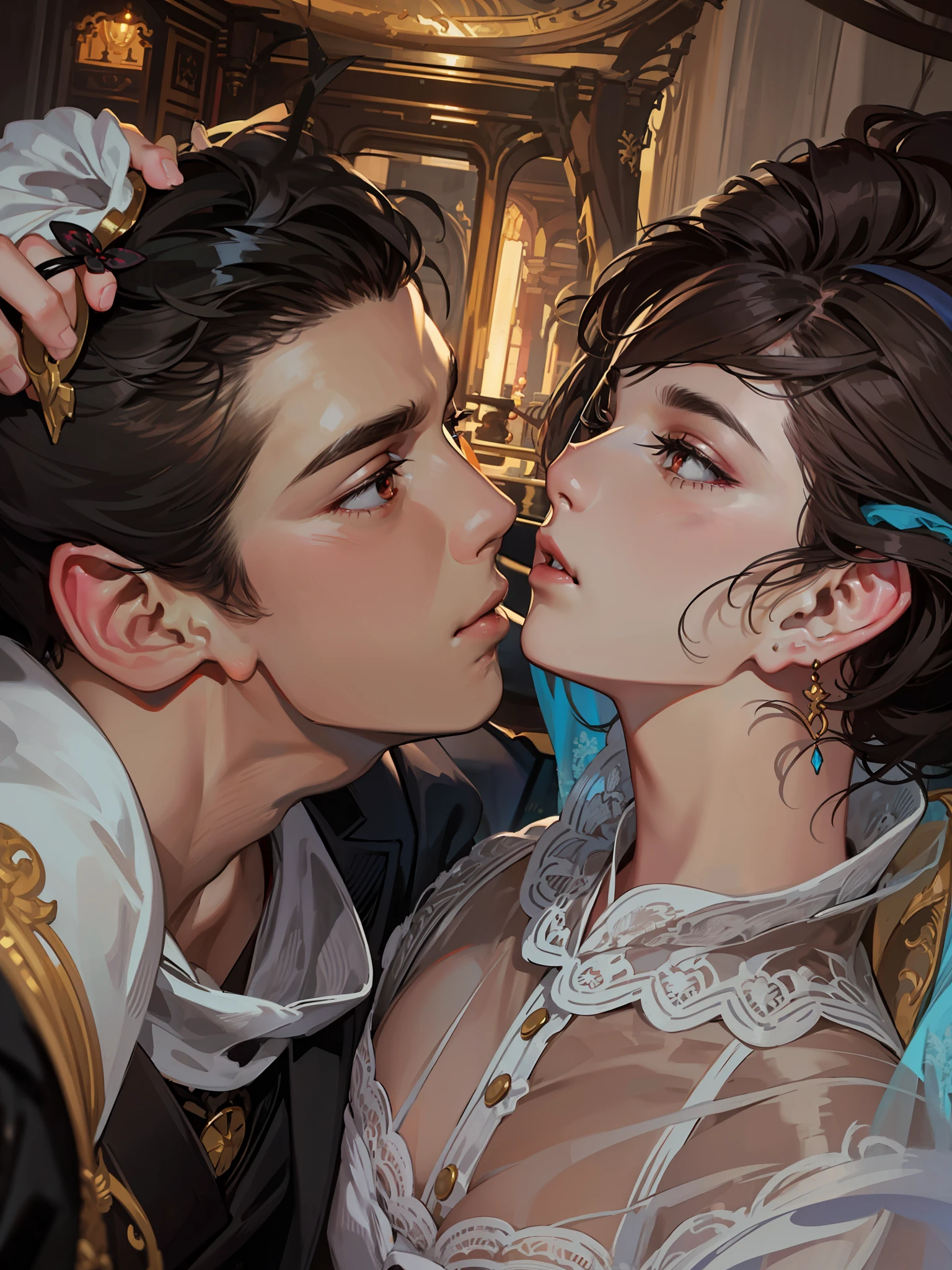 ((tmasterpiece)),Best quality at best,Excellent illustration,A couple kissing,soft focus,1 boy with short black hair,red eyes,1 girl with long black hair,Brown eyes,Victorian clothes,Victorian romanticism,opulent and exquisite atmosphere,soft light and warm lighting。
