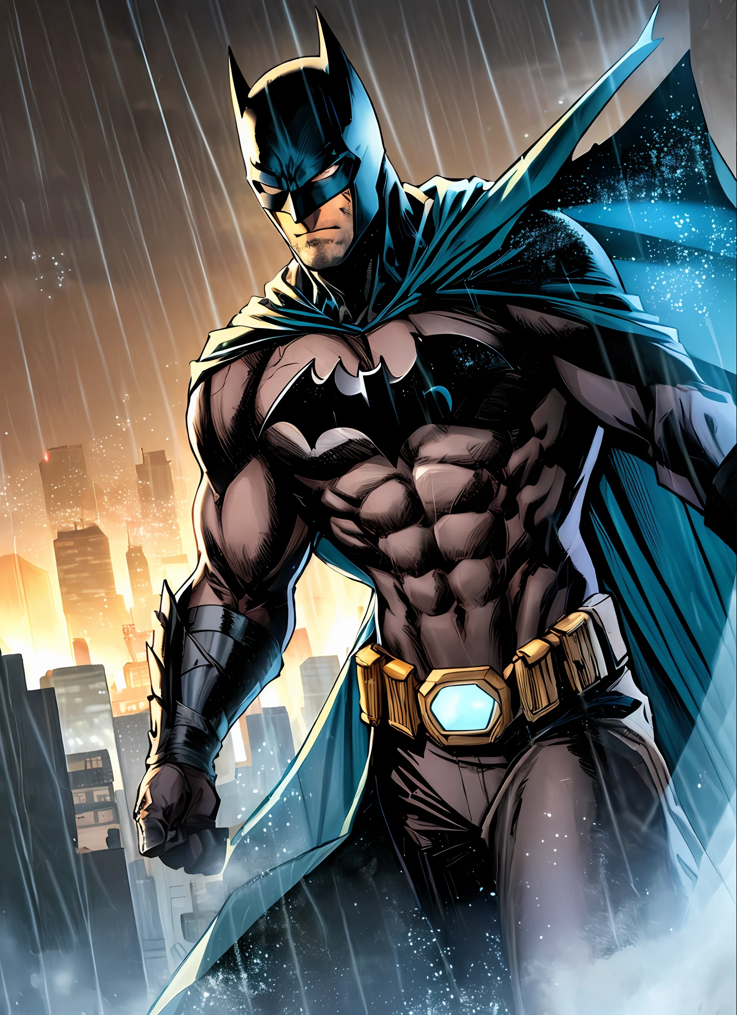 1boy, dark scene, cowboy shot of batman, athletic, white eyes, no pupils, night city, mist, particles, male focus, mask, muscular, muscular male, ragged and torn cape, night, outdoors, rain, serious, dark armosphere, detailed background, jim lee,