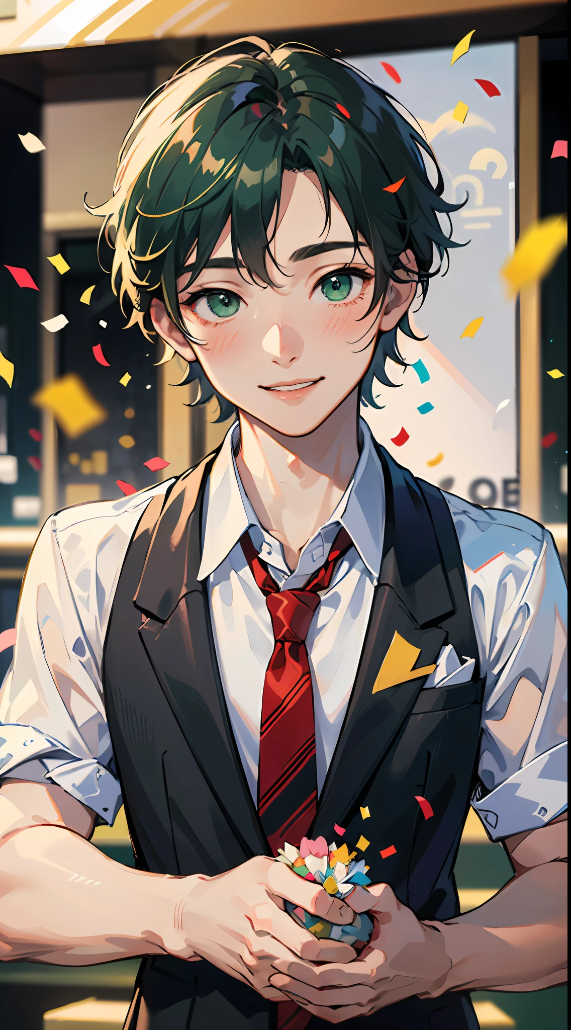 Master masterpiece、best qualtiy、8K、(16 years old male:1.5)、green very short hair,Cute face、Green eyes, blush,Smile,(Confetti:1.3),with a large bouquet、White shirt and red tie