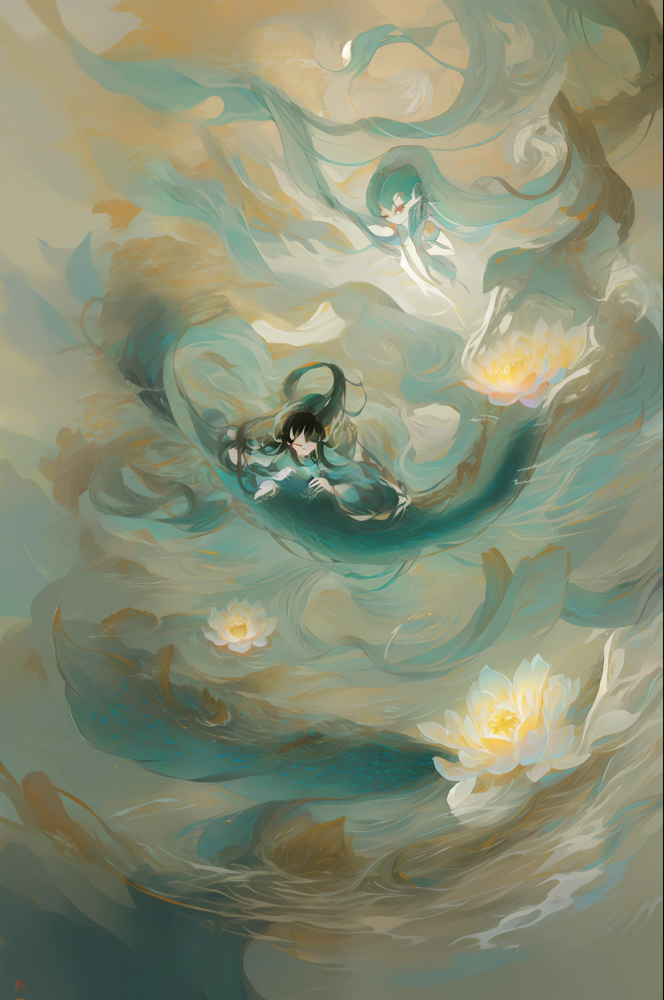 Yamazawa， rnlong hair， 1girll， 独奏， water lily mat， lotus flower， florals， monstergirl，  Eau， mermaids， Eyes close， Very long hair， Partially submerged， Long cyan hair， contours， Floating hair，
high high quality，