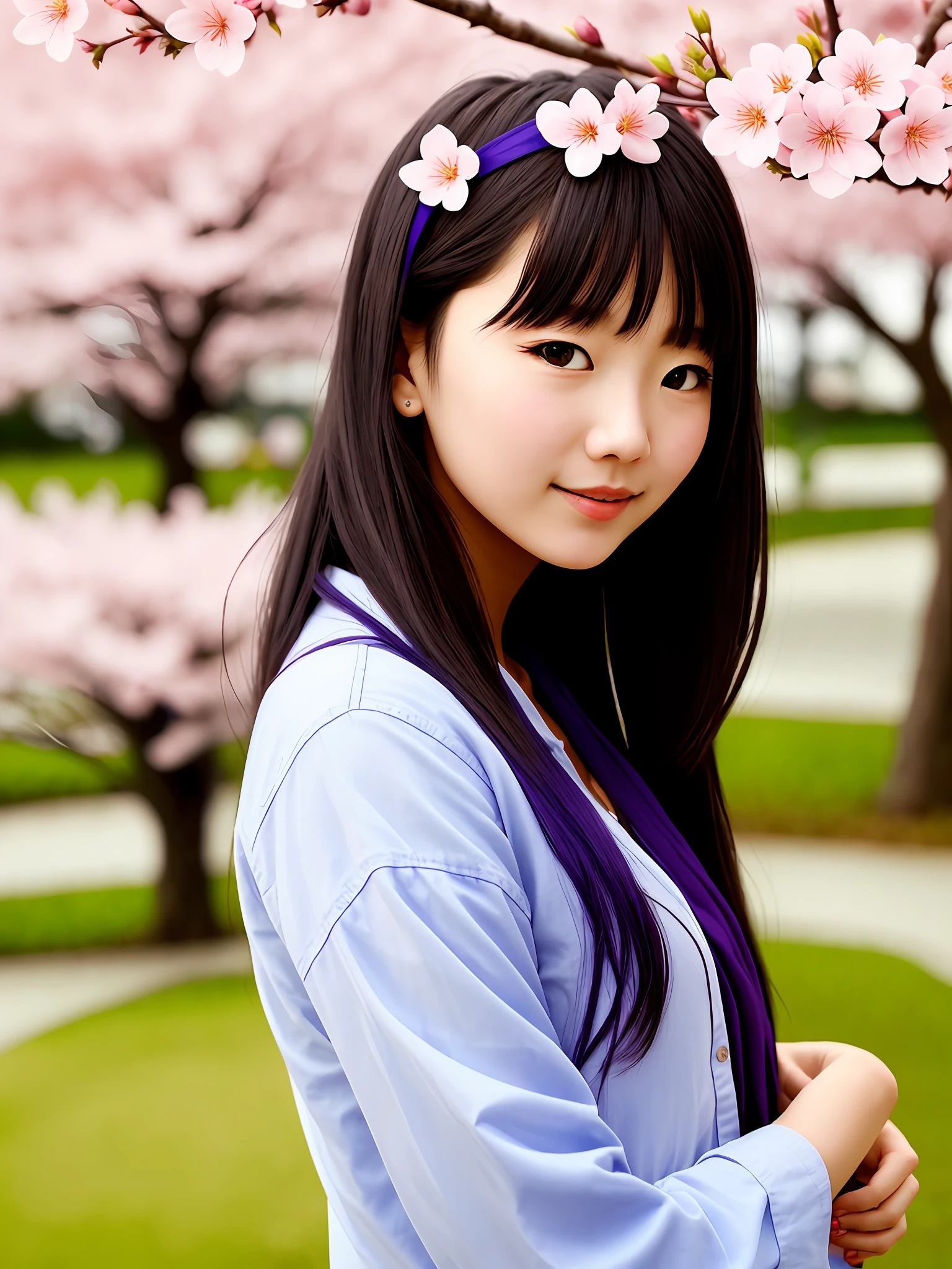 The beautiful girl has blue and purple flowers blooming from her left cheek, and a large cherry blossom tree behind her is raining down
