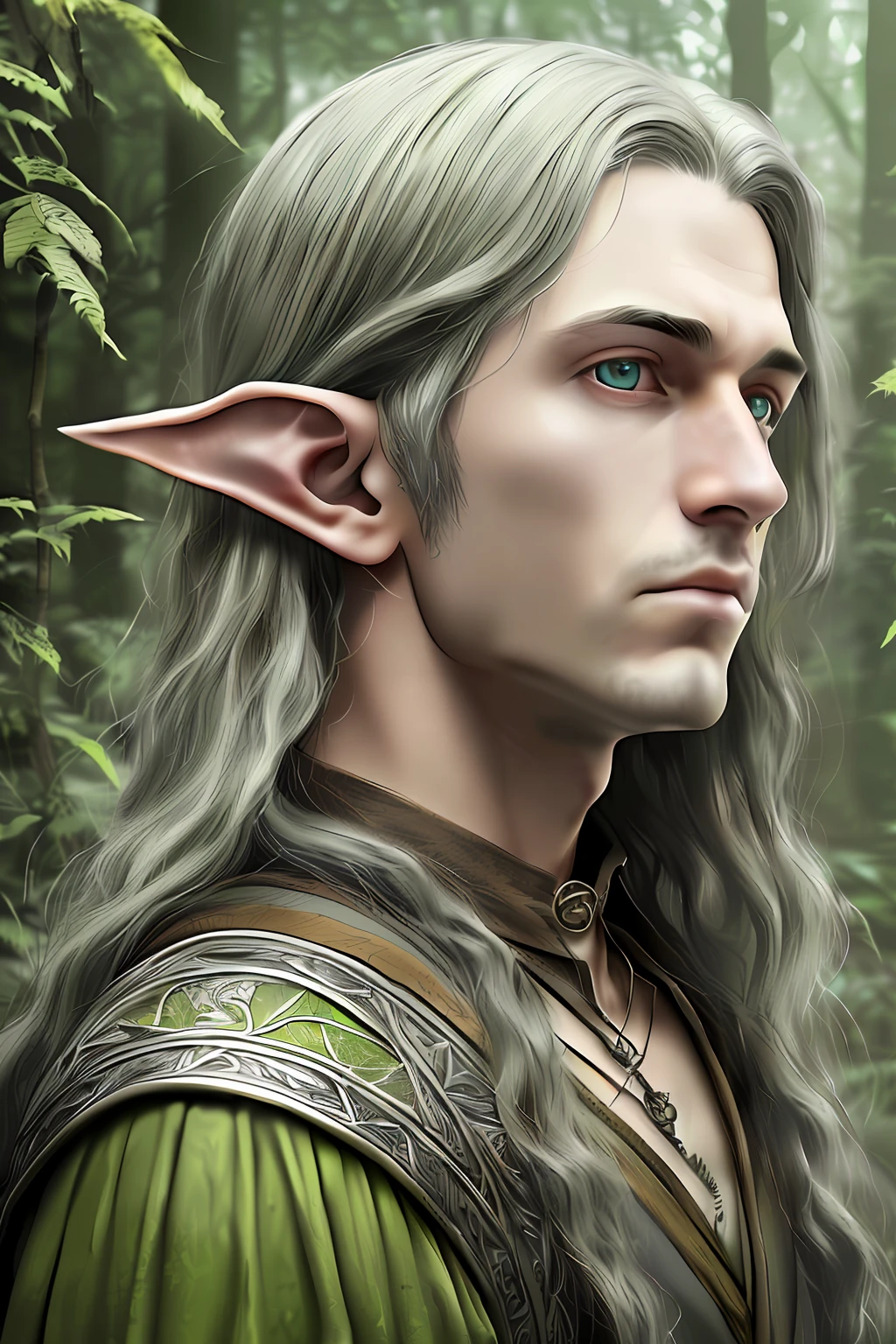 masterpiece, best quality, (realistic:1.3), **Highly detailed fantasy photography an elf male lord in a lord of the rings setting, close face yet astonishing view in the back with gothic buildings and nature, pointed ears, staring intensely into camera, in a forest, in the style of made of vines, tom bagshaw, light grey and green, Photorealistic