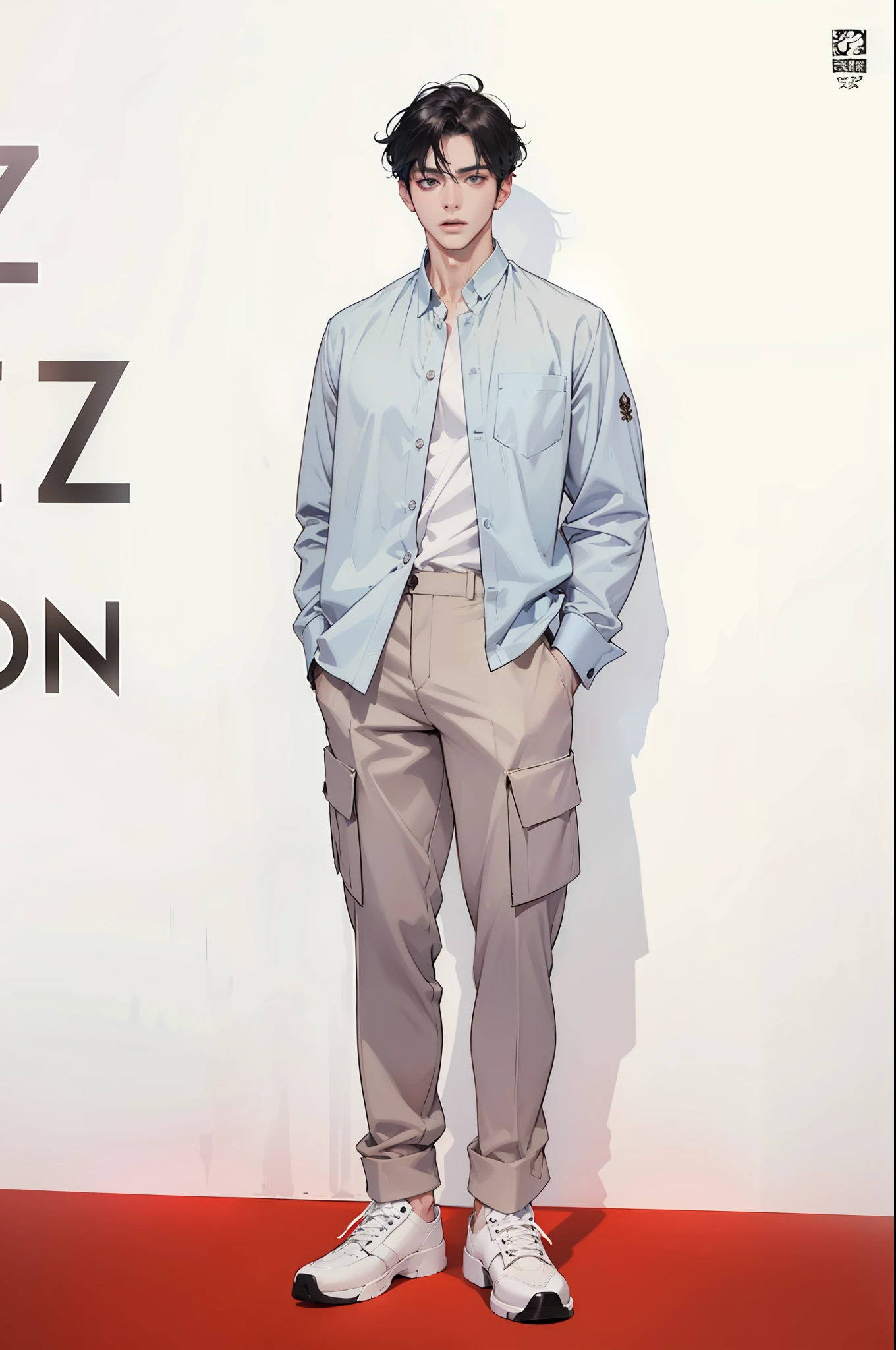 there is a man with a white button up shirt posing, photorealistic perfect body, :: high detail, realistic shaded perfect body, prefect body, beautiful handsome body, handsome stunning realistic, sexy body, smooth translucent white skin, lean body, south korean male, realistic body, handsome anime pose, inspired by Yanjun Cheng, beautiful, prince, demon slayer art