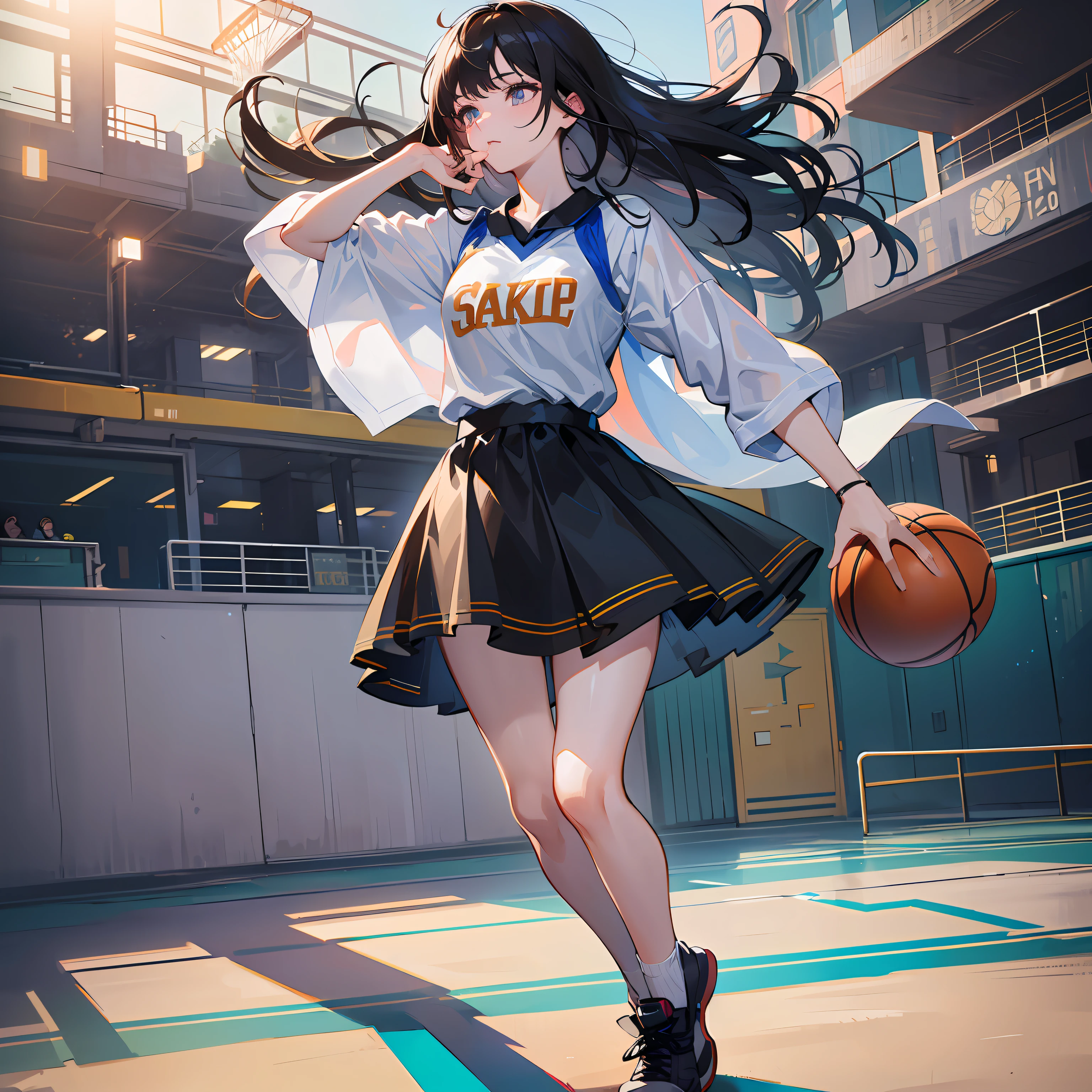 (8k, Best Quality, Masterpiece: 1.2), (Realistic, Realistic: 1.37), Ultra Detailed, Best Quality, Ultra High Resolution, Professional Lighting, Photon Mapping, Radiosity, Physically Based Rendering, Cinematic Lighting, Basketball court, depth of field, clear focus, sunlight, good composition, (bokeh: 1.2) 1girl, solo, (full body), (closed mouth), beautiful and detailed eyes, pose, narrow waist, basketball uniform, black hair , messy hair, long hair blowing in the wind, (ulzzang-6500:1.2) mix4, hiqcgbody --auto