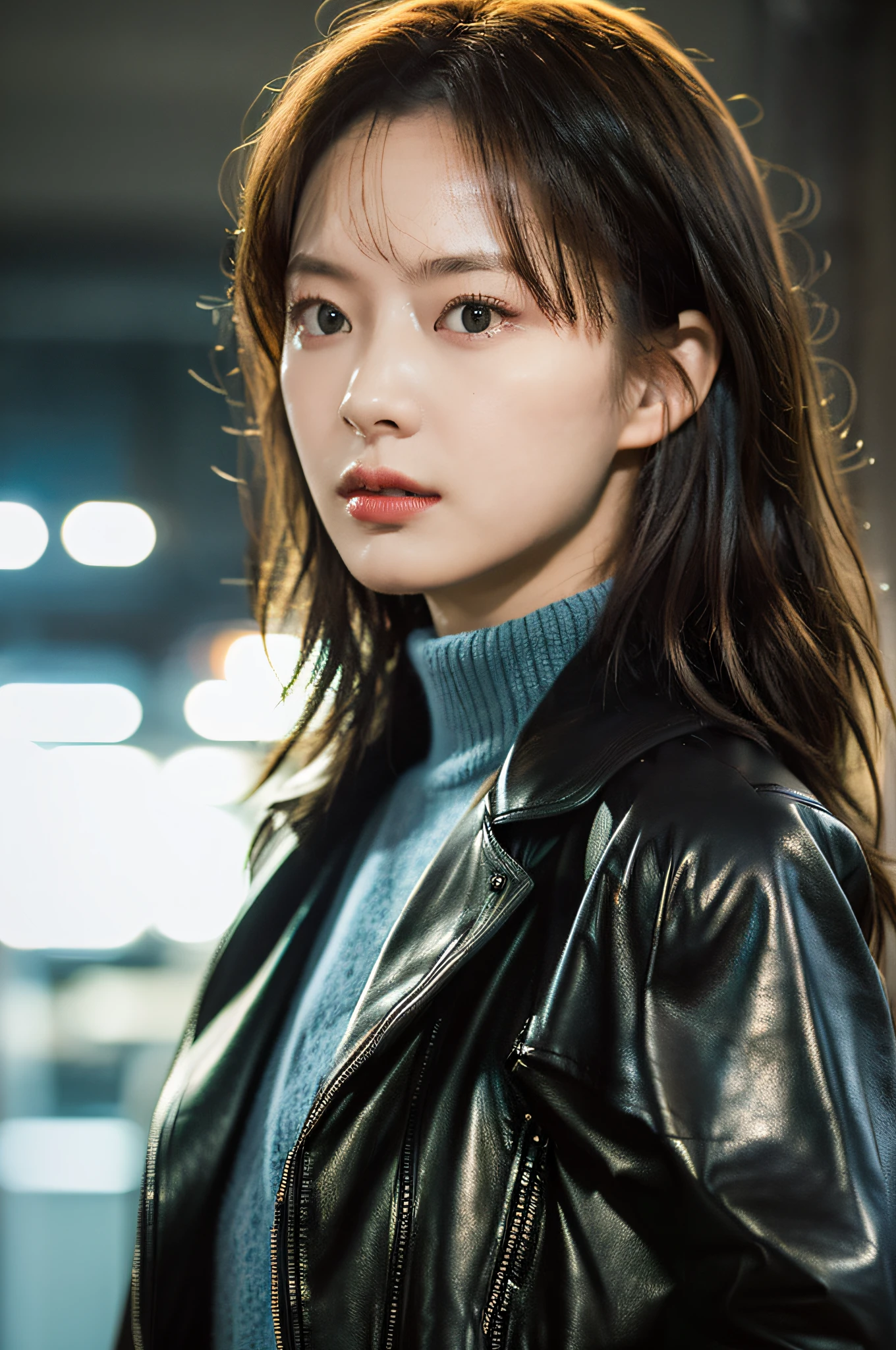 modelshot, cinematic still, 28 years asian girl standing, upper body, (black eyes:1.3), mid wavy hair, (green turtleneck sweater, leather jacket), Soft natural light，in the darkness nigth，((masterpiece)),(best quality ),(A high resolution),Very detailed RAW color photo,非常详细,Photorealistic,realisticlying,unbelievable Ridiculous,非常详细,Clear focus,,(Professional studio lighting),(profesional color graded),rim-light,Dramatic lighting,cinmatic lighting，lumen reflection，Soft natural light，pastel colour，photon maping，Radiance，，（beautidful eyes），（Detailed eyes），（Detailed face），symmetriced eyes，sharp sharp eyes，Cool face，