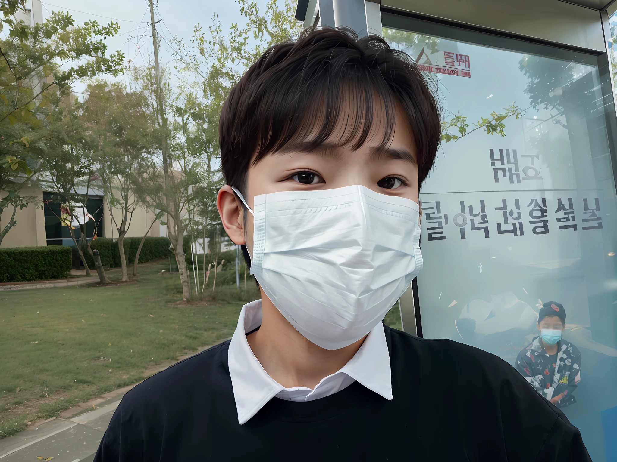 arafed boy wearing a white mask standing in front of a bus stop, surgical mask covering mouth, wearing face mask, wearing face mask, medical mask, Wearing a mask, one single mask, some of them use gask mask, Wearing an all-black door wave mask, wearing transparent glass mask, no face mask, people are wearing masks, Student, South Korean male
