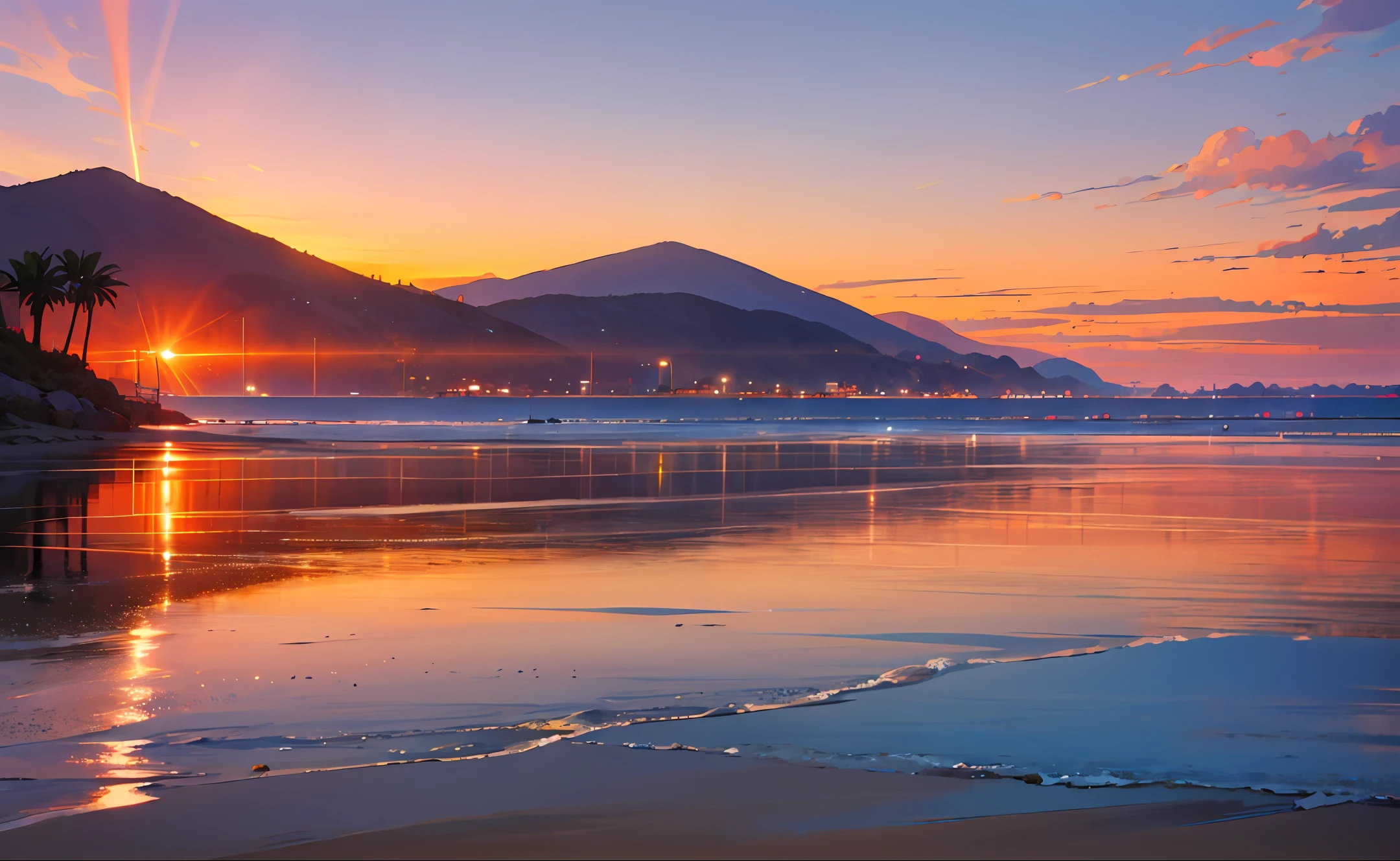 Beach at sunset，There is a chalet nearby，In the distance, there are grandpa and grandchildren playing