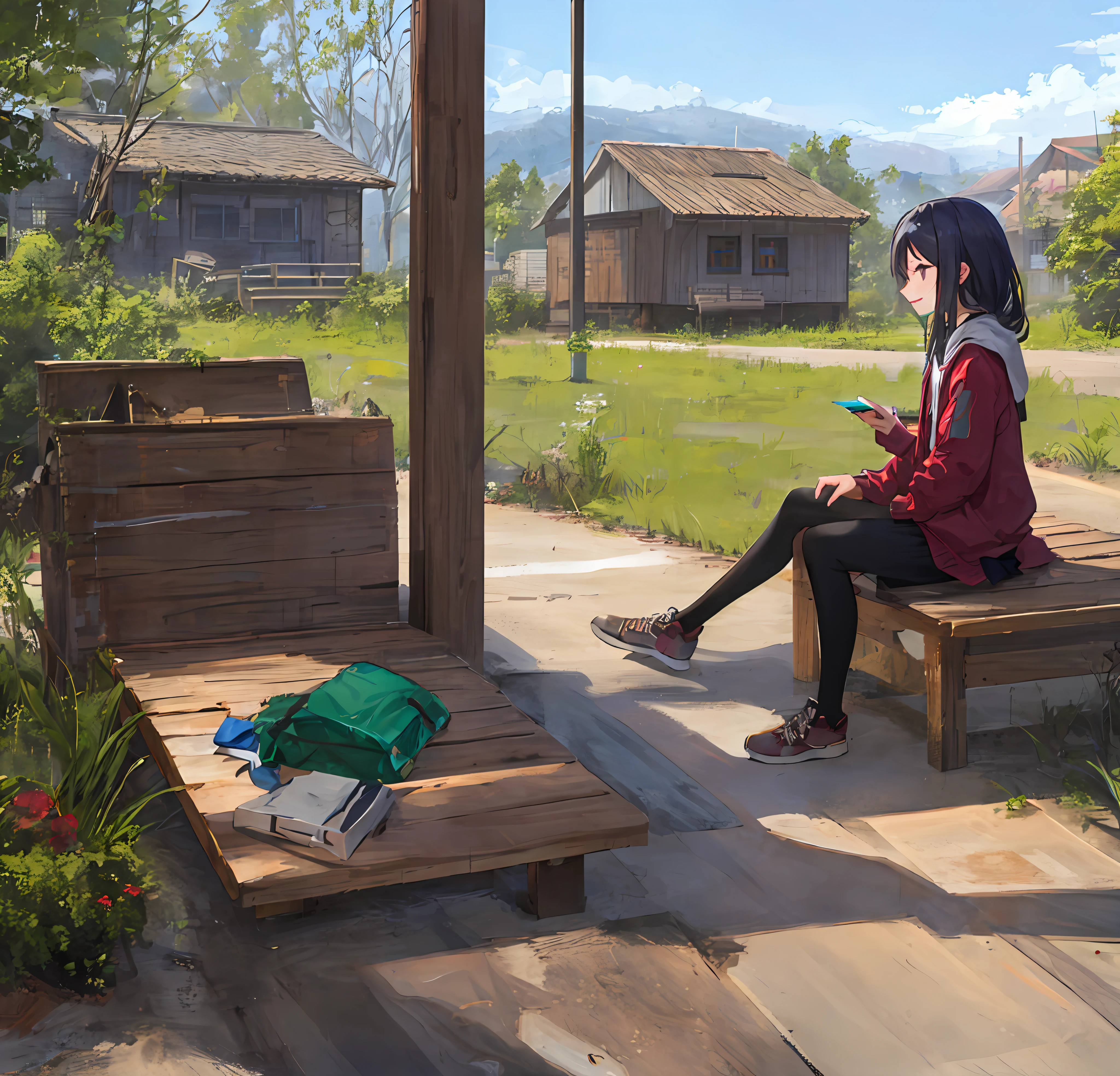 s girl,freshen,Look into the distance,ssmile,Sat down,Outdoor hut
