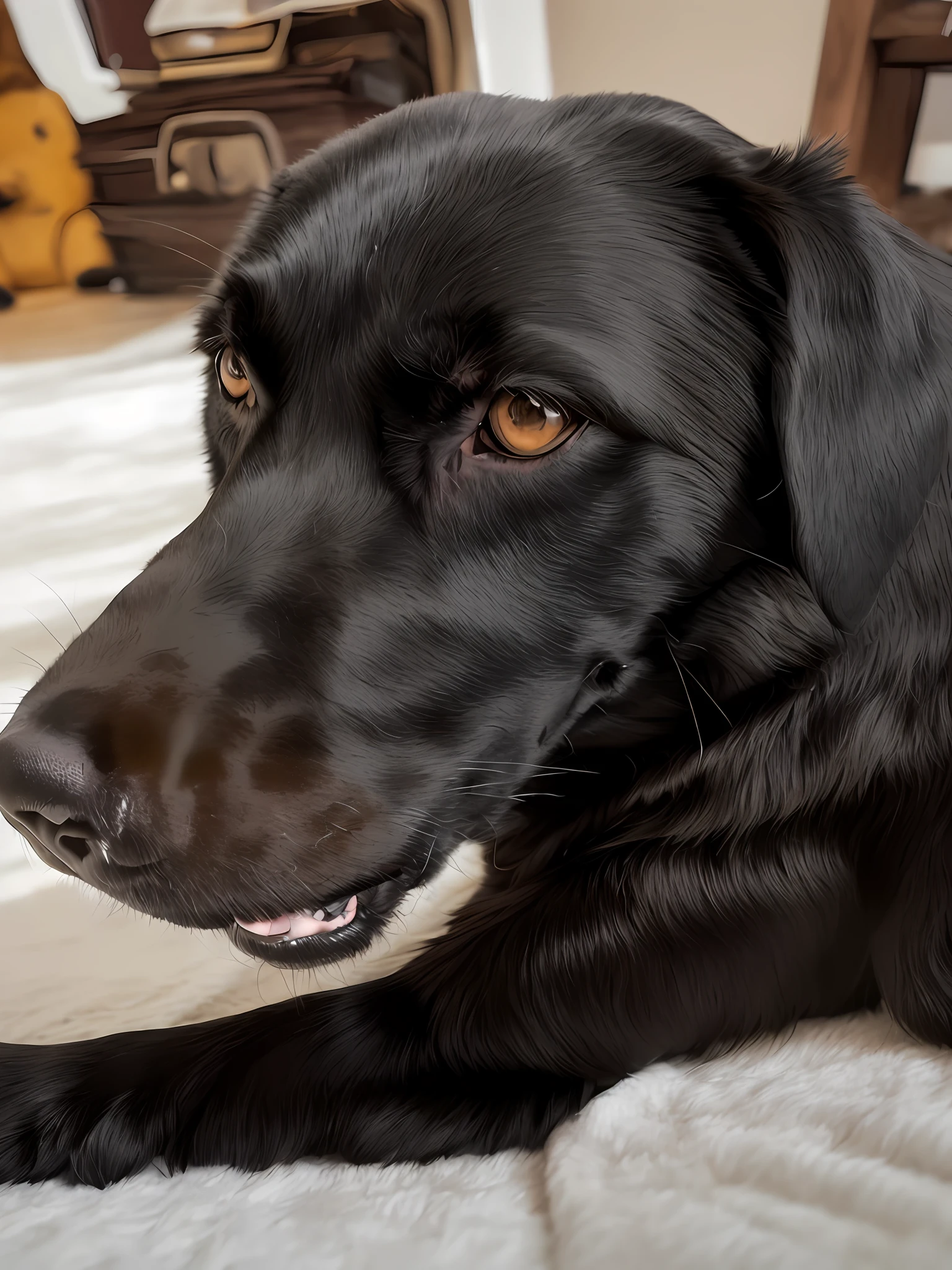 there is a black dog laying on the floor with his head turned, portrait big dark dog, portrait of black labrador, , Very handsome, Very clear face, closeup of face, she is about 1 6 years oldgood looking face!!, closeup of face, very pretty look face, Narrow Nose, Handsome face, Good looking face