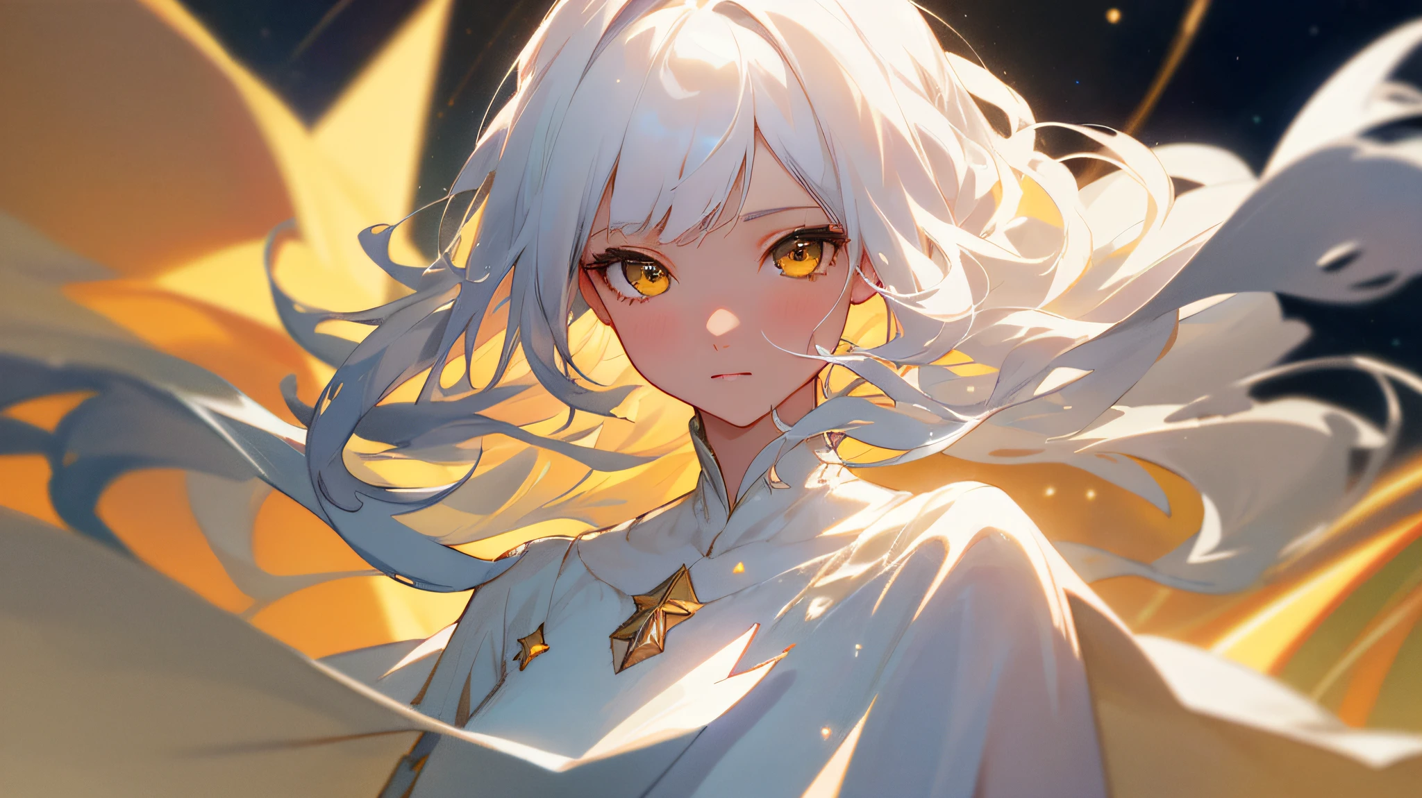 An assassin girl, white color hair, White-colored skin, Sunnyday, ancient wind, Hanfu, white color hair, handpainted, daggers, blush, bright pupils, amber eyes, yellow eyes, ribbon, anime, cinematic lighting, close-up, three sided view, masterpiece, high details, high quality, highres --auto