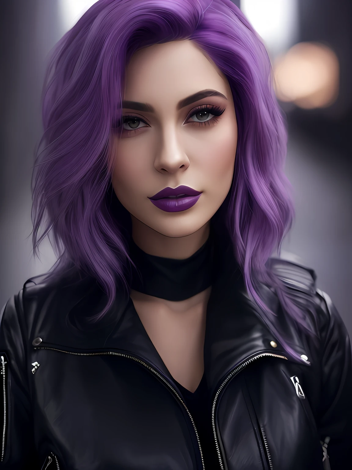 Un primer plano de una mujer con cabello morado con una chaqueta negra, purple hair portrait of woman, dark purple hair and cybernetics, Ella tiene el pelo morado, purple hair, Sombra de Overwatch, amouranth as a super villain, realistic artstyle, Kylie Jenner como Catwoman, dark purple hair, cabello negro y morado, purple hue, cabello violeta