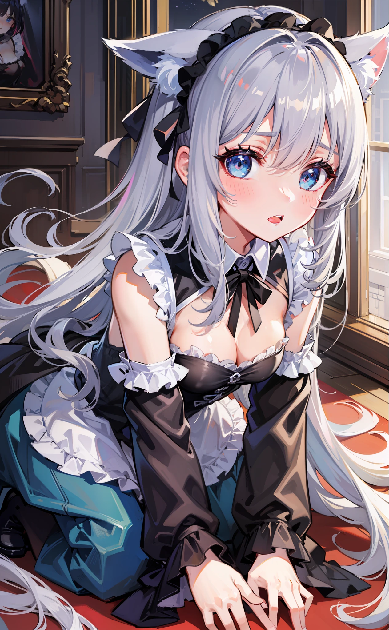 highest  quality、super precision、Onegirl、Cute little girl s、Cat's ears、childish、boyish、Cool、Beautiful eyes、Blue Eye、has silver hair、Teen Girls、smooth hair、Maid Cosplay、Maids、A sexy、red blush、embarrassed from、pretty skin、High exposure、(all-fours)、Hands on the floor、cleavage of the breast、small breasts