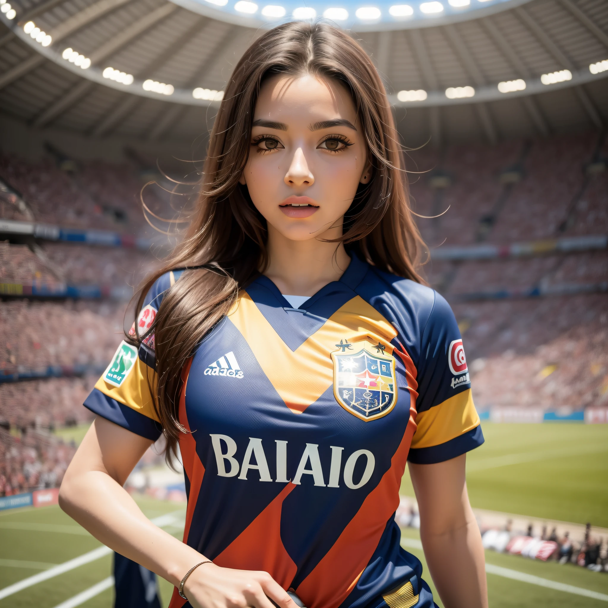 imagem de alta qualidade, Extremamente Detalhada, 1 garota, (pele escura):1.5, olhos amarelos, peitos grande, cintura fina, Linda, sozinha, em um capo de futebol, wearing a shirt of the Brazilian national football team, Background football stadium packed with audience