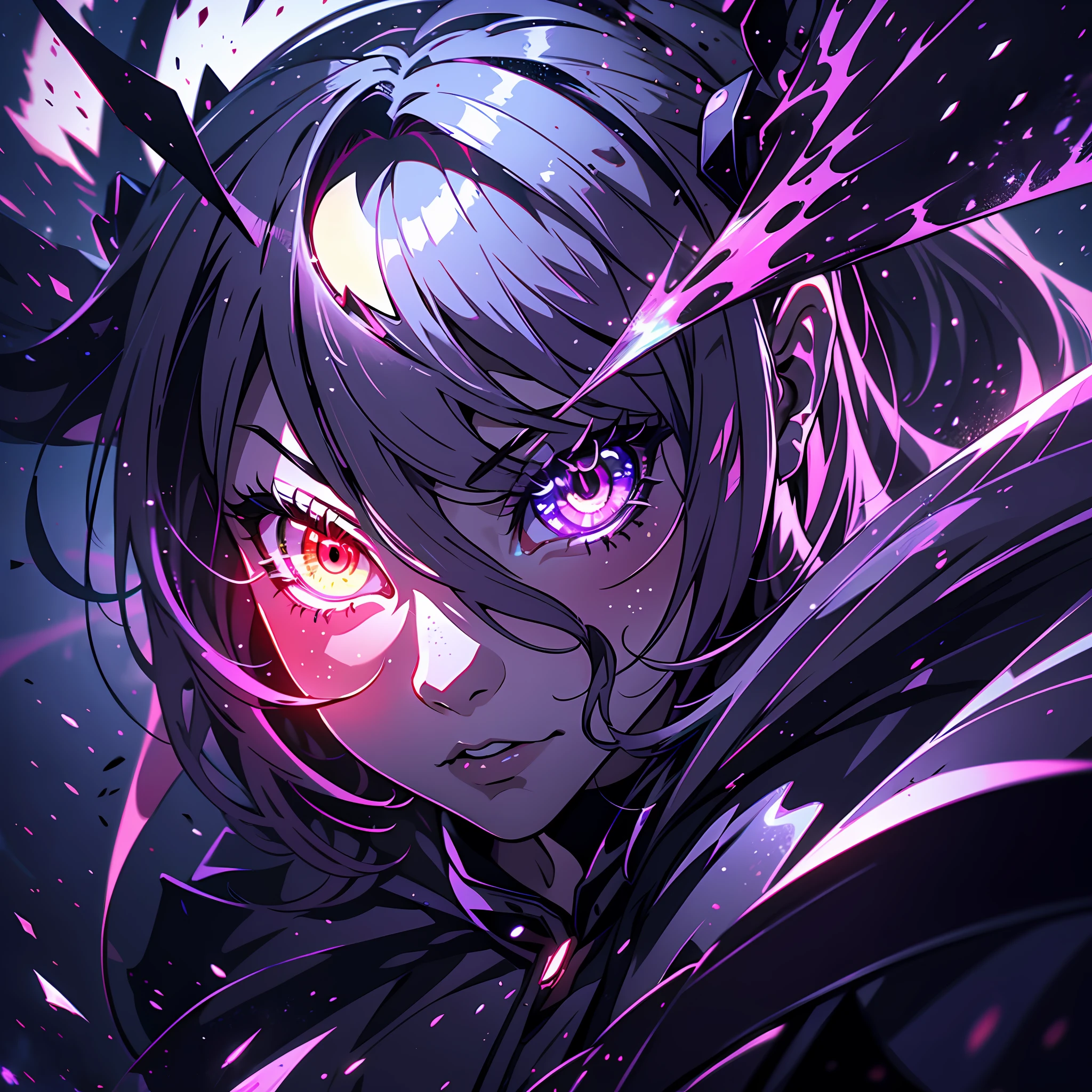 Anime humanoid monster,girl,(crazy girn:1.2), glowing eyes,red and purple eye colour,eye glare, monochrome, close up shot, creating a crack in reality, powerful aura, destroyed city,dark,night,8k,64k, HD, unparalleled masterpiece, dynamic lighting, cinematic, Ambient lighting, epic