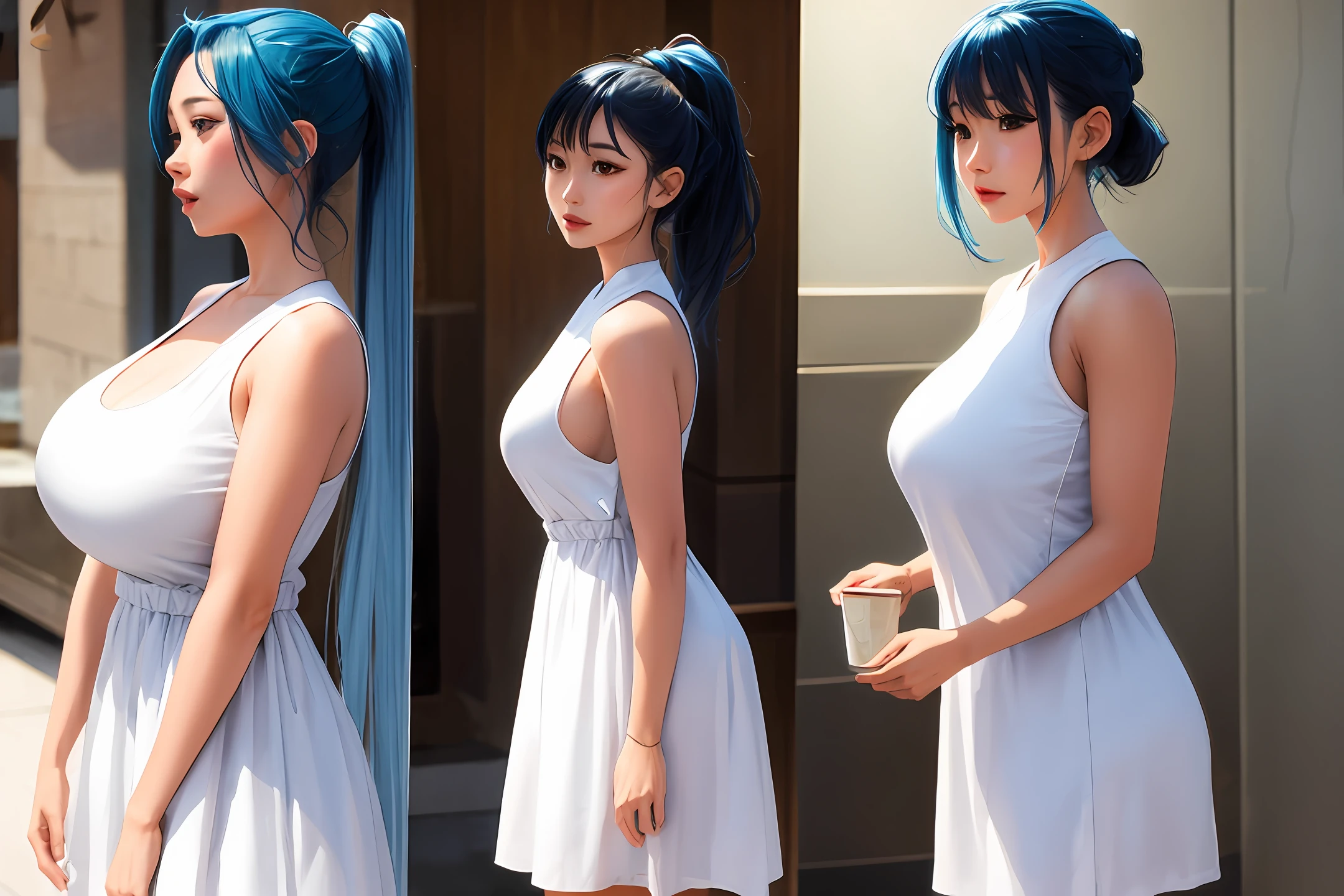 blue  hair，chineseidol，anime big breast，High ponytail，Short white dress，Beth