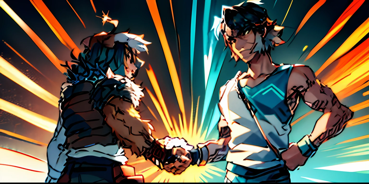 sketches of two people shaking hands with a sunburst behind them, dog anthro,, shaggy dog, furry dog white fur, shaking hands, hidari and vlop, intense line art, r/art, r / art, r /art, facing off in a duel, detailed but rough, close-up fight, fistfighting demons, they are fighting very angry, concept piece, botw