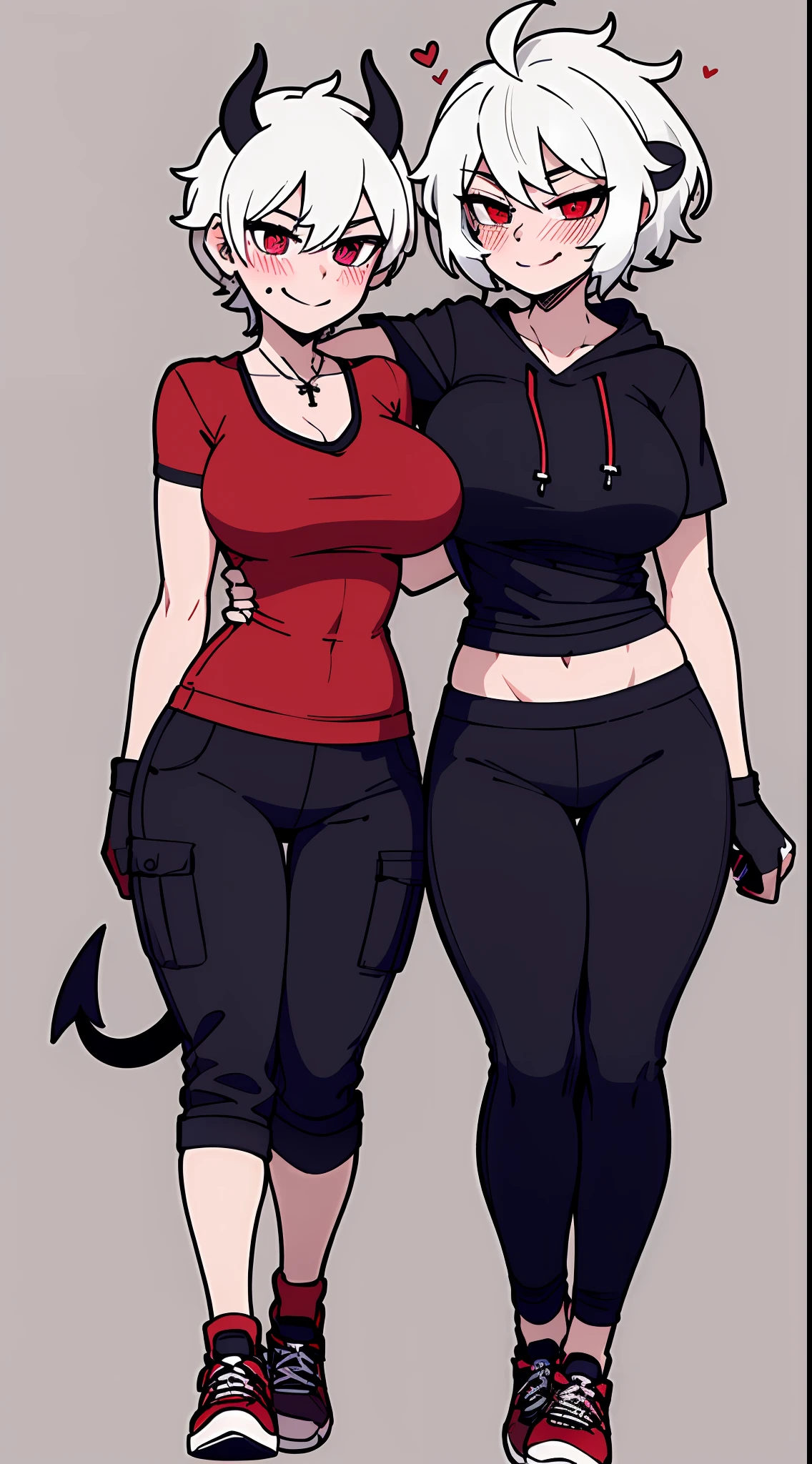 2 girls, close together, height difference, hand on another's head, short and tall, short sleeve hoodie, black fingerless gloves, breasts, arms at sides, wide hips, blush, blushing, thick thighs, night, cross necklace, heart eyes, full body shot, horns on head, demon tail, black white and red outfit, red black and white background colors, black cargo shorts, white hair, tomboy, tall, short hair, smirk, smug, sneakers, running shoes, rolled up pants, exposed calf's, exposed thighs, gym clothes, tank top,